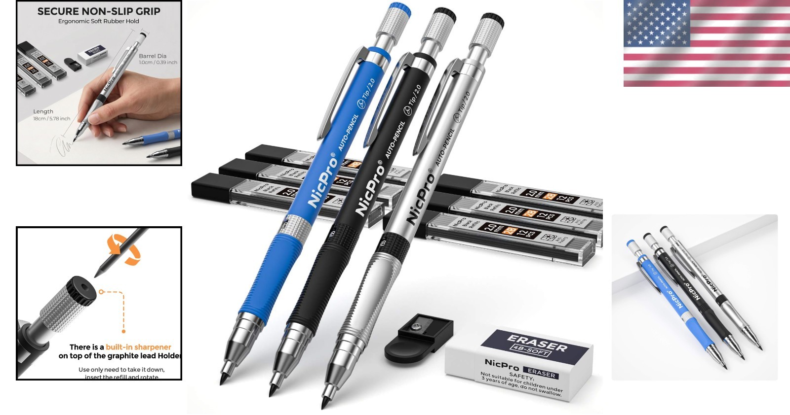 11-Piece 2mm Mechanical Pencil Set with Refillable Leads for Artists & Students