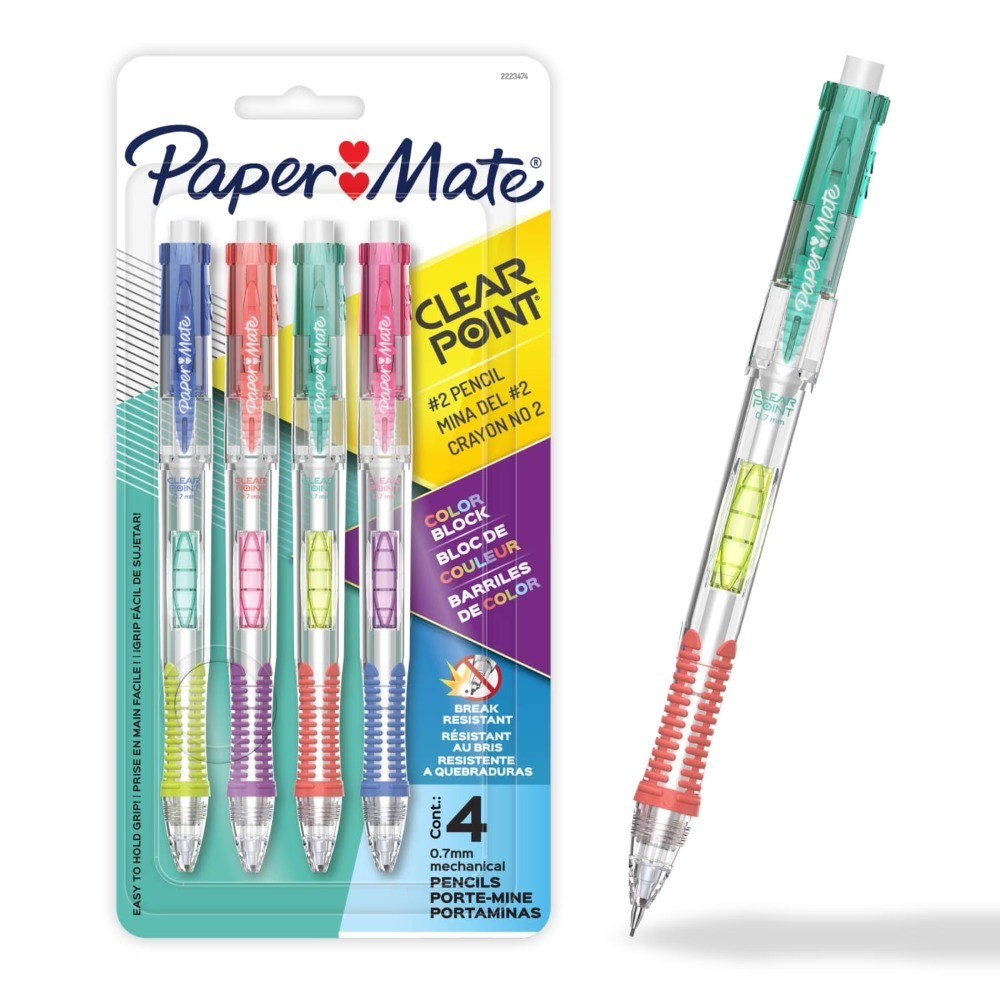 Mechanical Pencil 4 Count HB 2 Lead Color Block Edition Refillable Erasable Grip