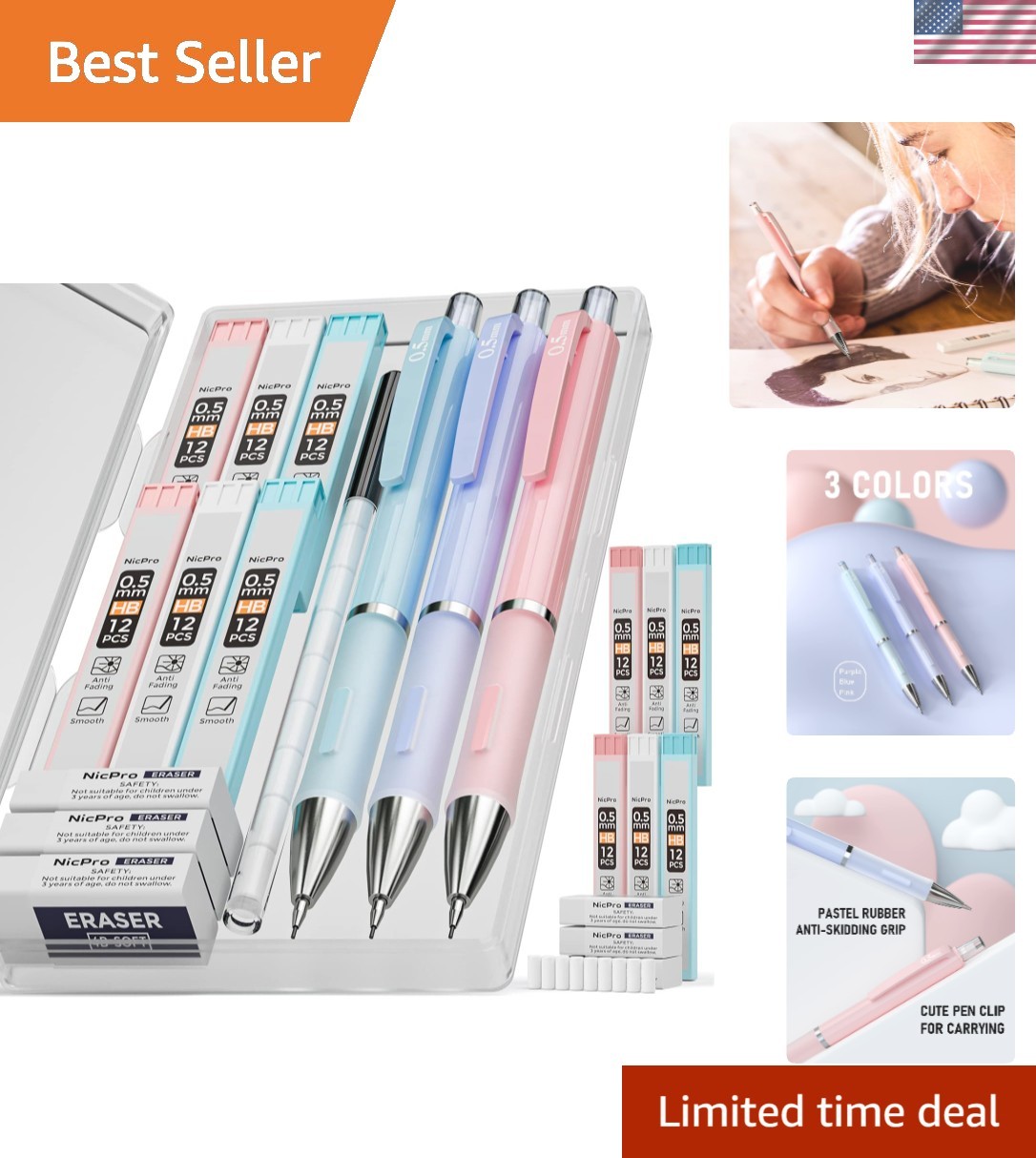 Cute Pastel Mechanical Pencils 0.5mm with Erasers & Storage Case – 22 Count