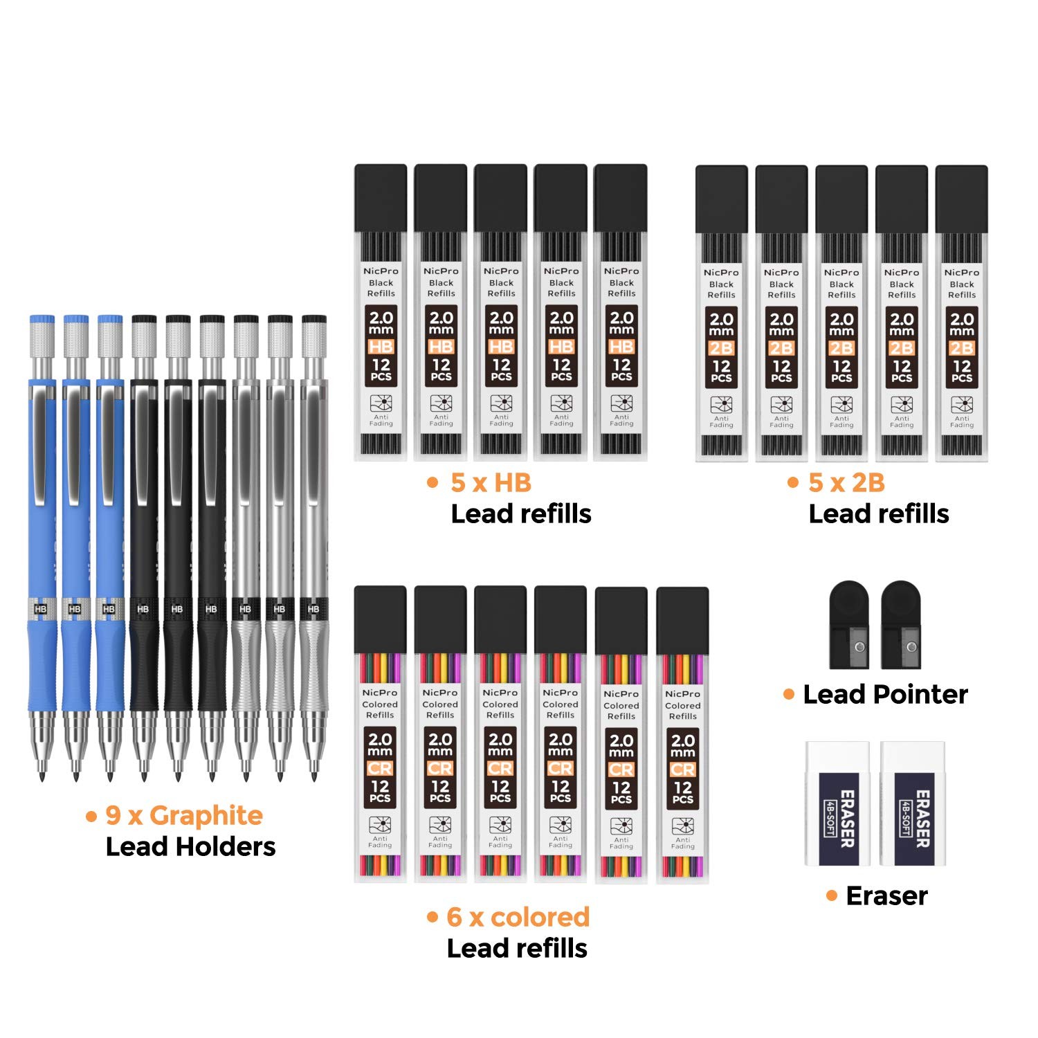 Nicpro 29 Pieces 2mm Mechanical 29 Count (Pack of 1), ‎Silver Black & Colors