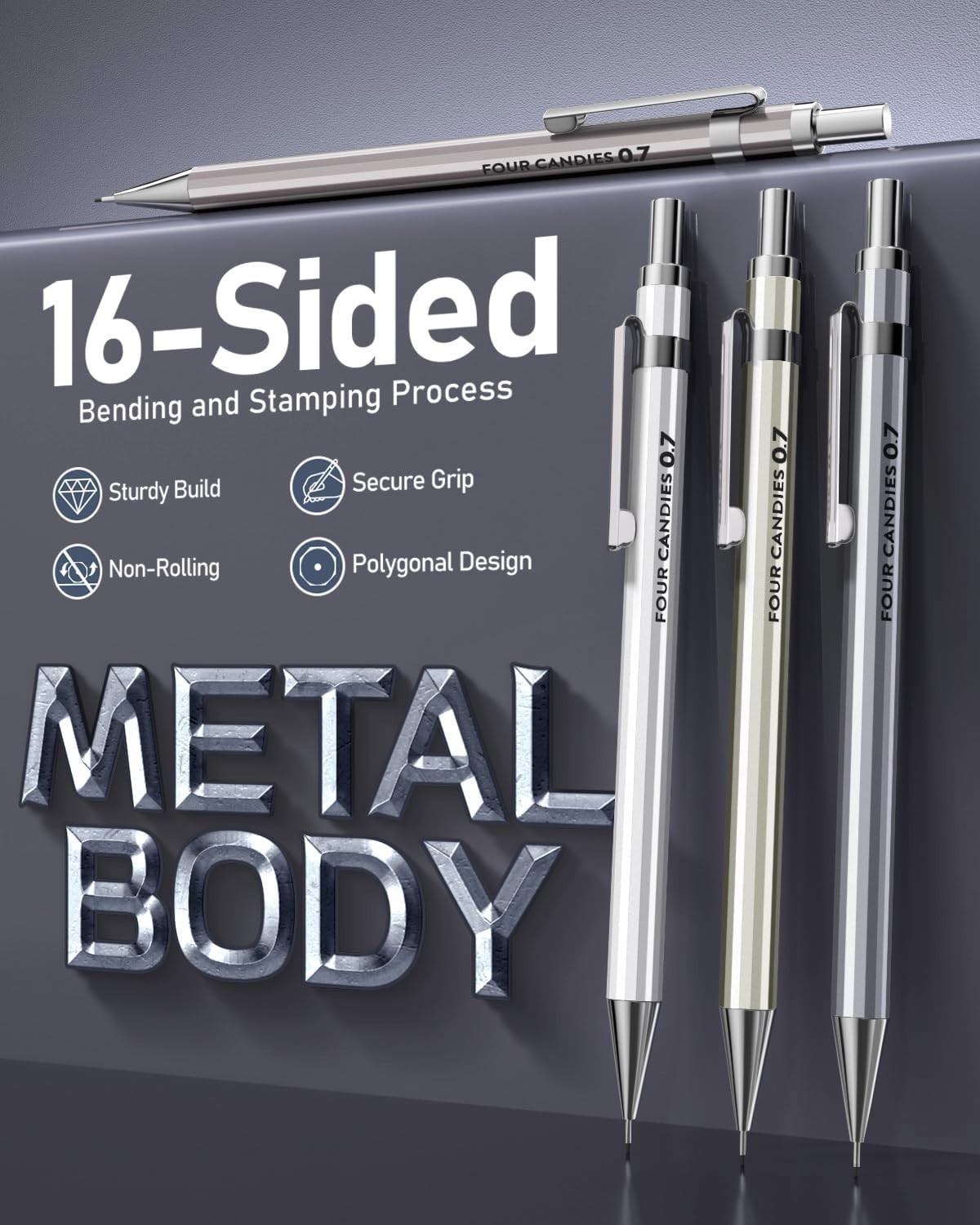 0.7mm Mechanical Pencil Set with Case – 4 Pencils, Lead & Erasers