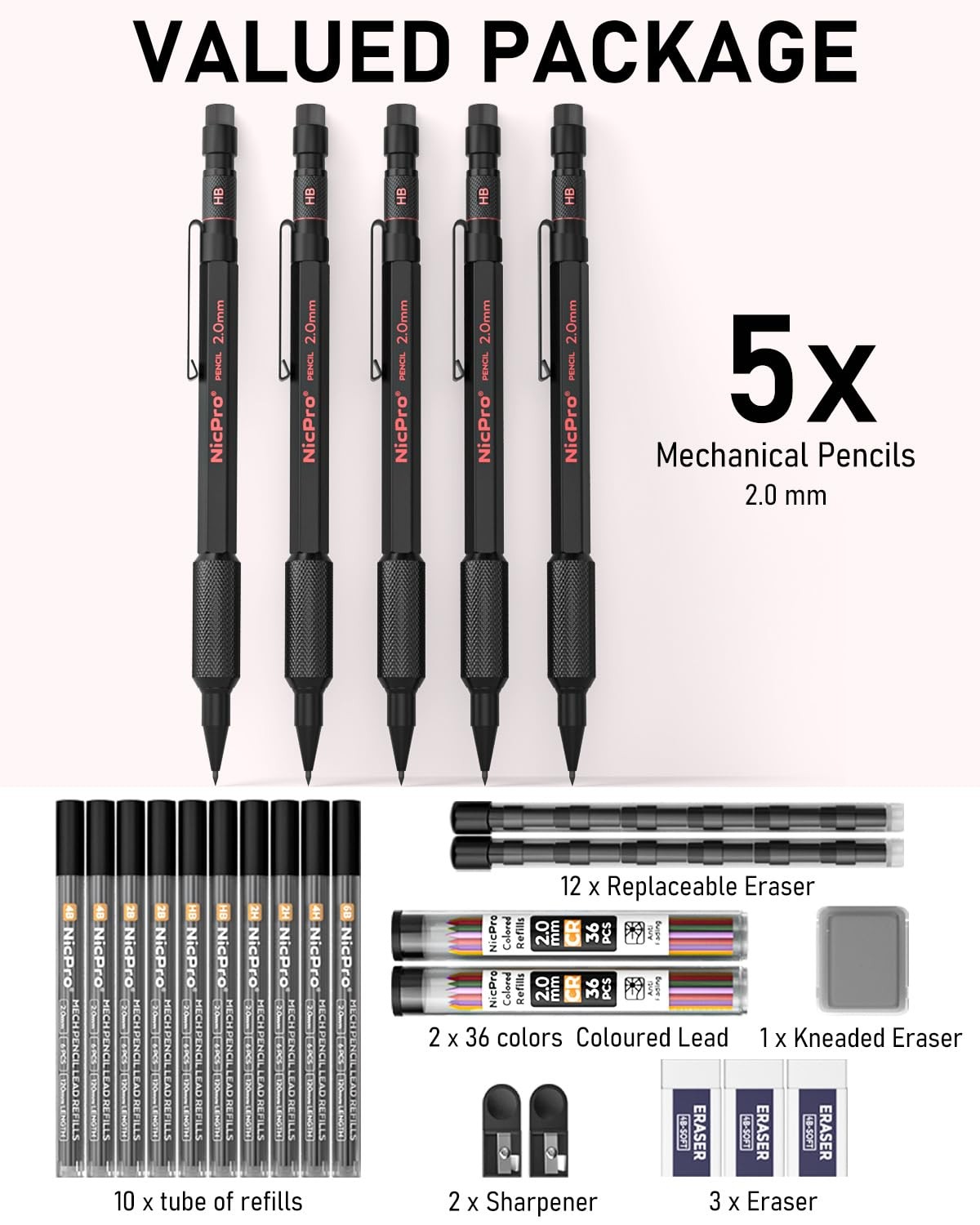 2mm Mechanical Pencils Set with Case, 65 Graphite Lead Refills Black 5 Pack