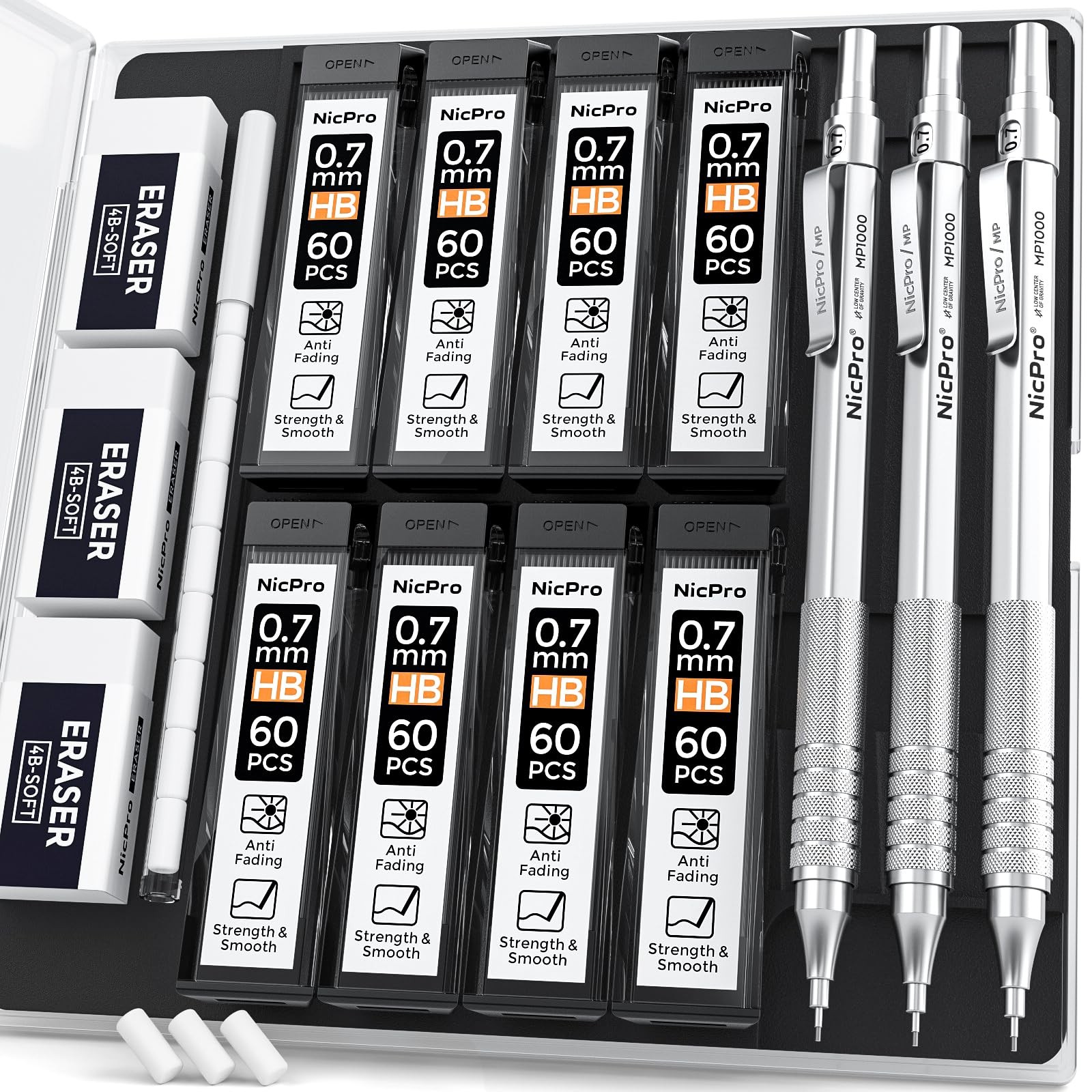 Nicpro 0.7 Metal Mechanical Pencil Set with Case, 3PCS MP1000 MM, Silver