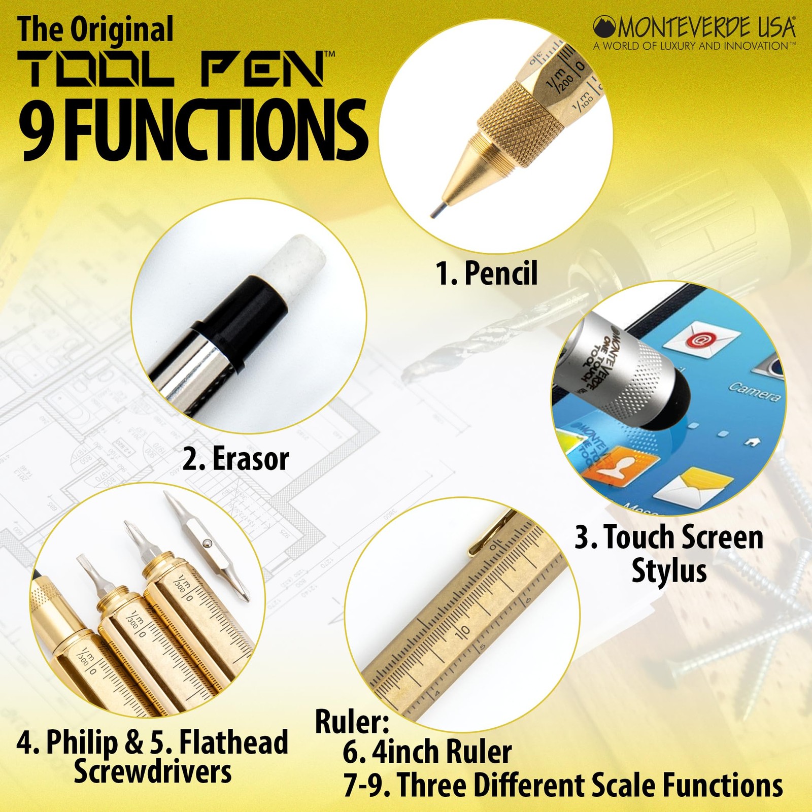USA 9-in-1 Tool Mechanical Pencil in Brass – Hand-Machined Multifunctional Pe…