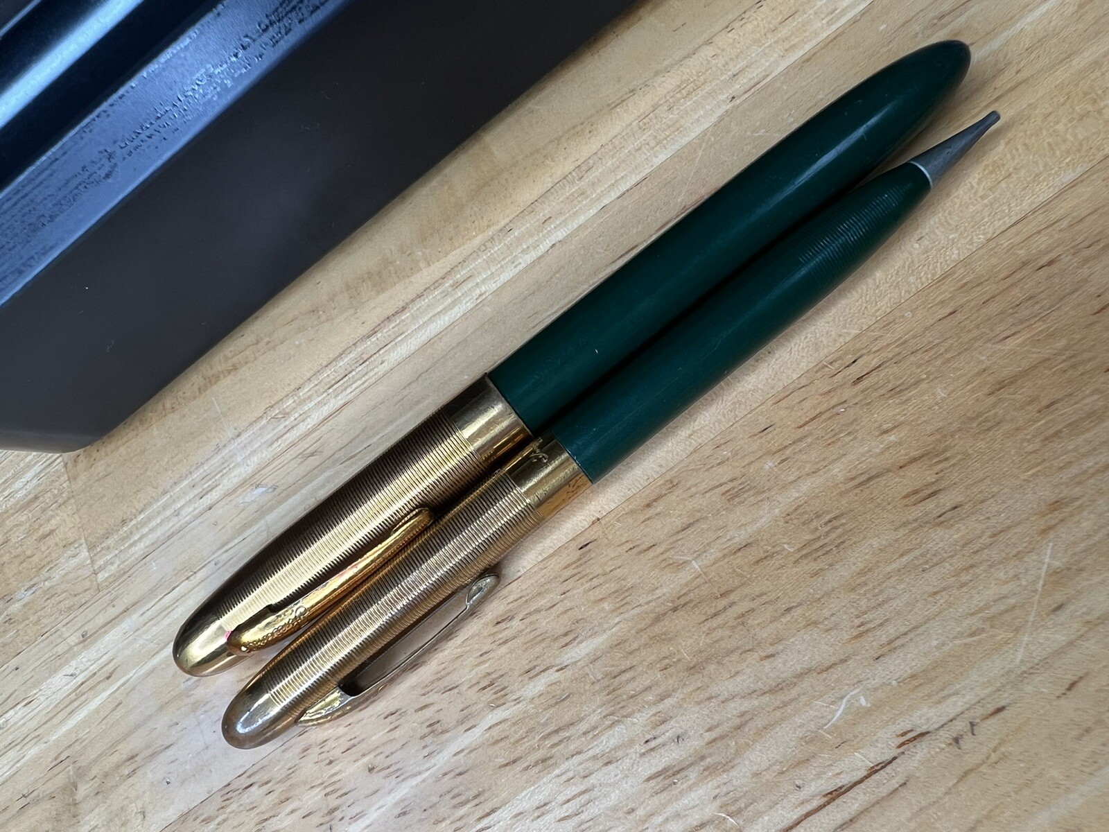 Vintage Sheaffer’s Fineline Green & Gold Twist Mechanical Pencil & Pen Set USA