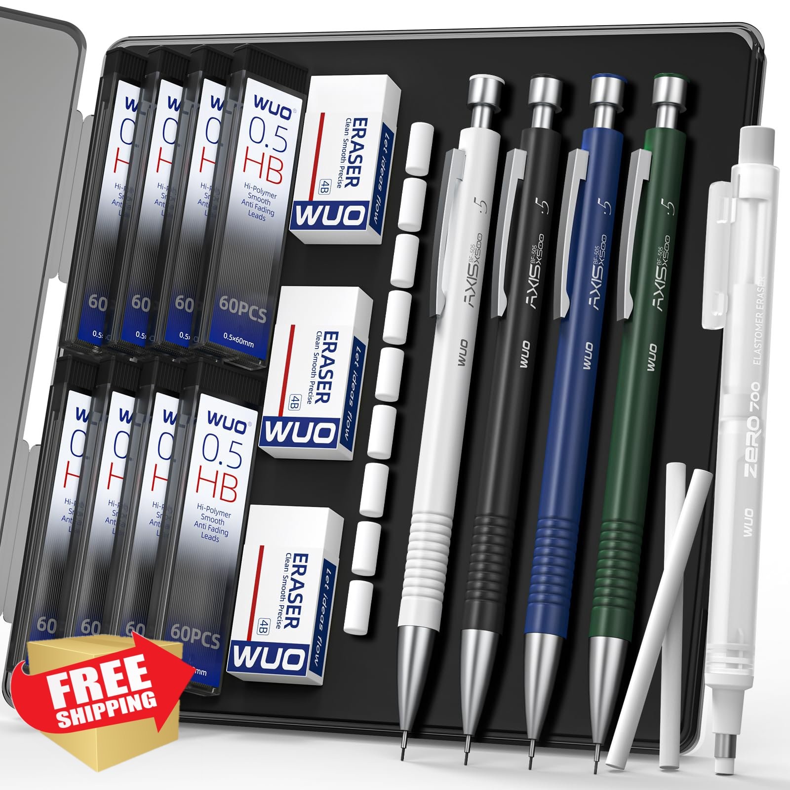 WUO 4pc 0.5mm Metal Mechanical Pencil Set Case HB Lead
