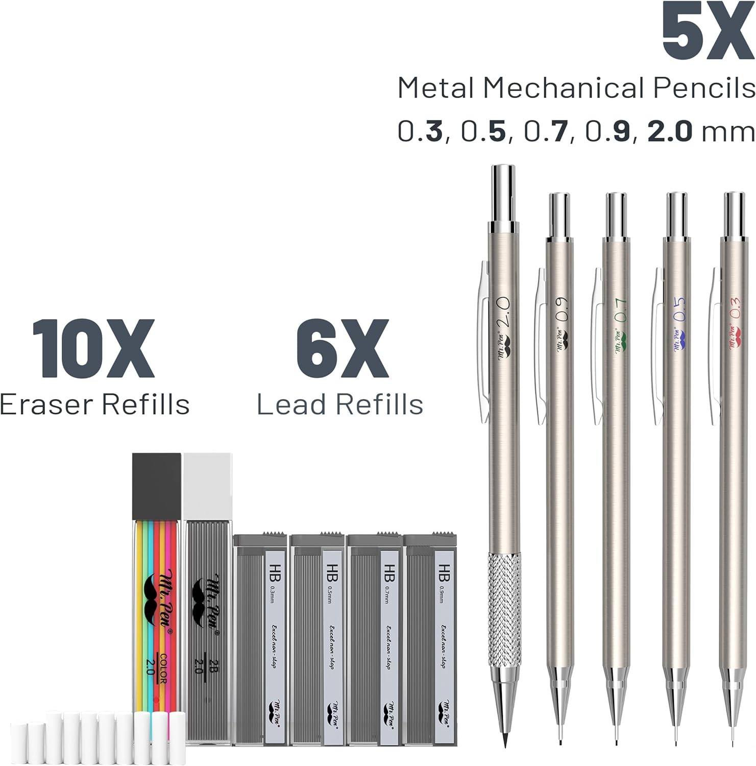 Mr. Pen- Metal Mechanical Pencil Set with Lead and Eraser Refills, 5 Sizes, 0.3,