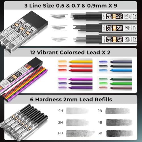 37PCS Art Mechanical Pencil Set, Metal 8 Pack （0.5mm & 0.7mm & 0.9mm & 2.0mm）