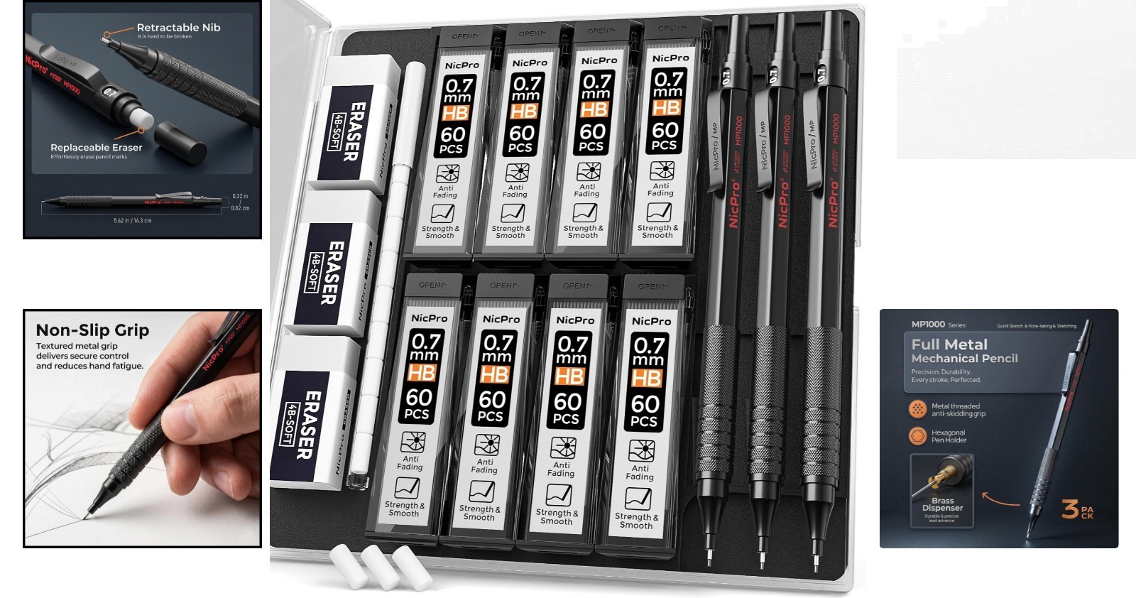 Art Sketching Mechanical Pencil Set – 0.7mm, 3 Pencils with Erasers Included