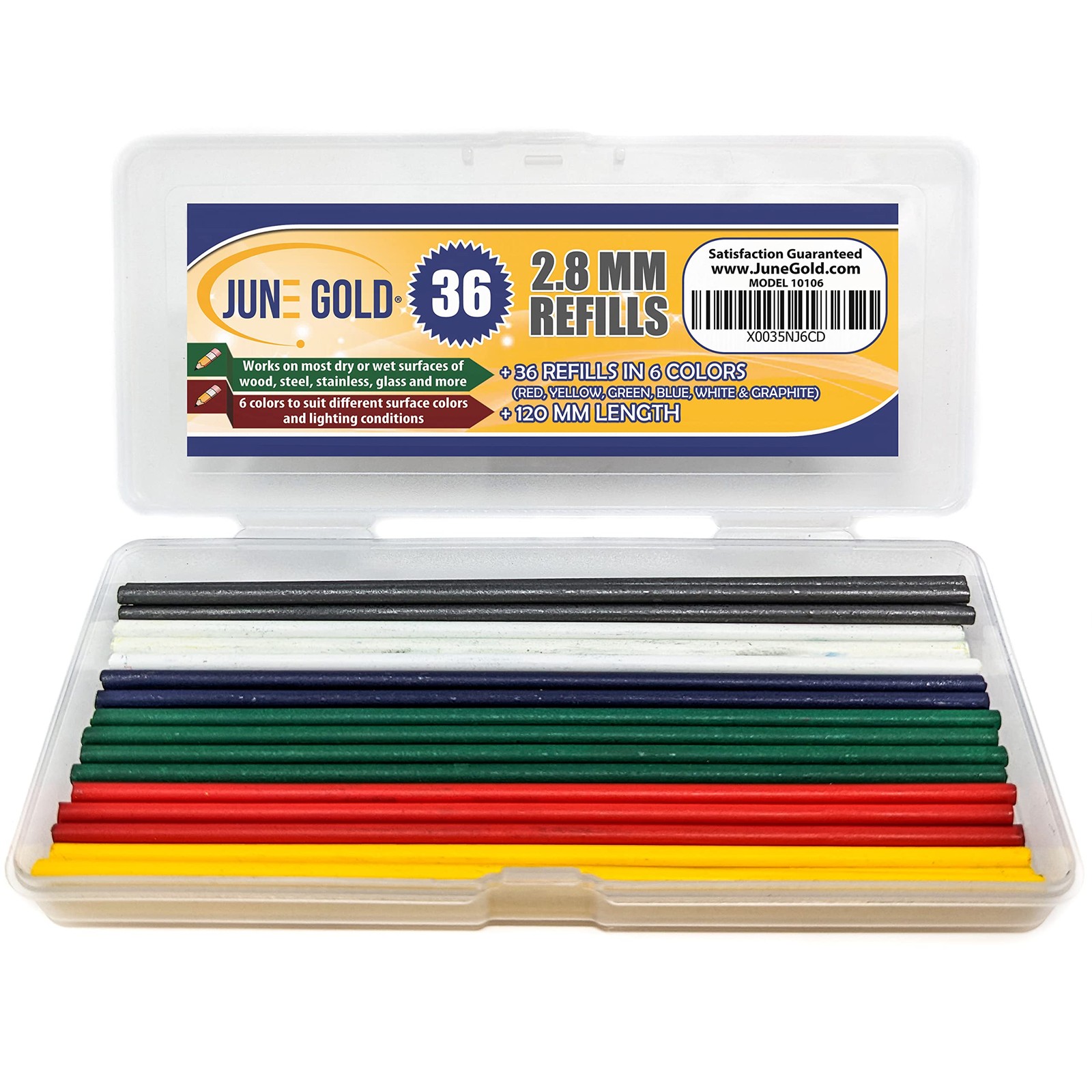 36 Colored 2.8 mm Lead Refills, 6 Colors, Deep or Long Reach/Nose