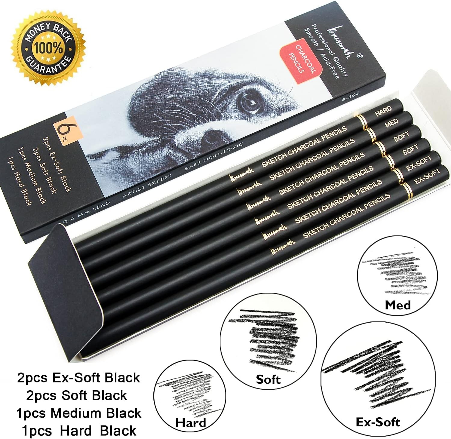 Professional Charcoal Pencils Drawing Set – 6 1 Count (Pack of 6), Black