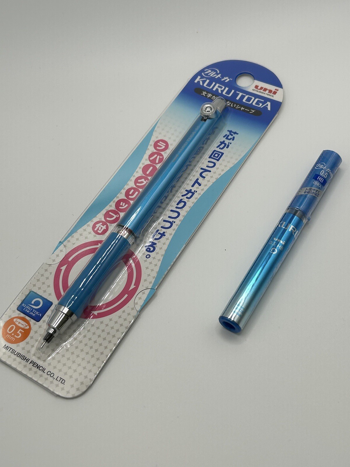 uni kurutoga mechanical pencil with rubber grip 0.5 mm blue AND lead refills HB