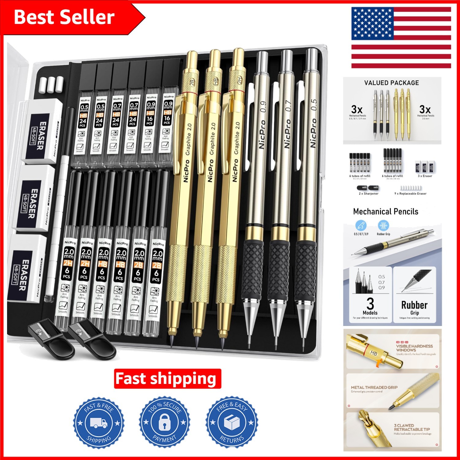 Professional Gold Mechanical Pencil Set for Sketching and Drafting – 6 Count