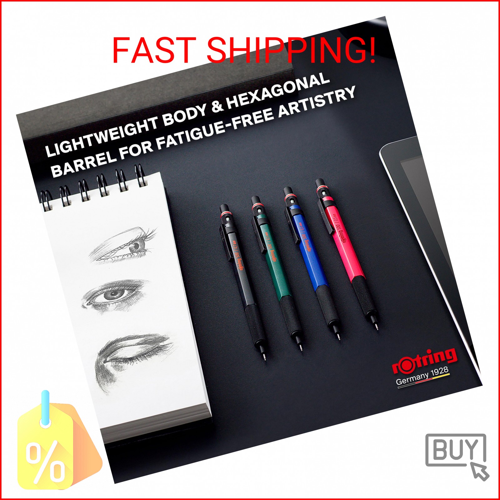 rOtring 500 Mechanical Pencil 0.5mm HB Lead Green hexagonal plastic barrel and n