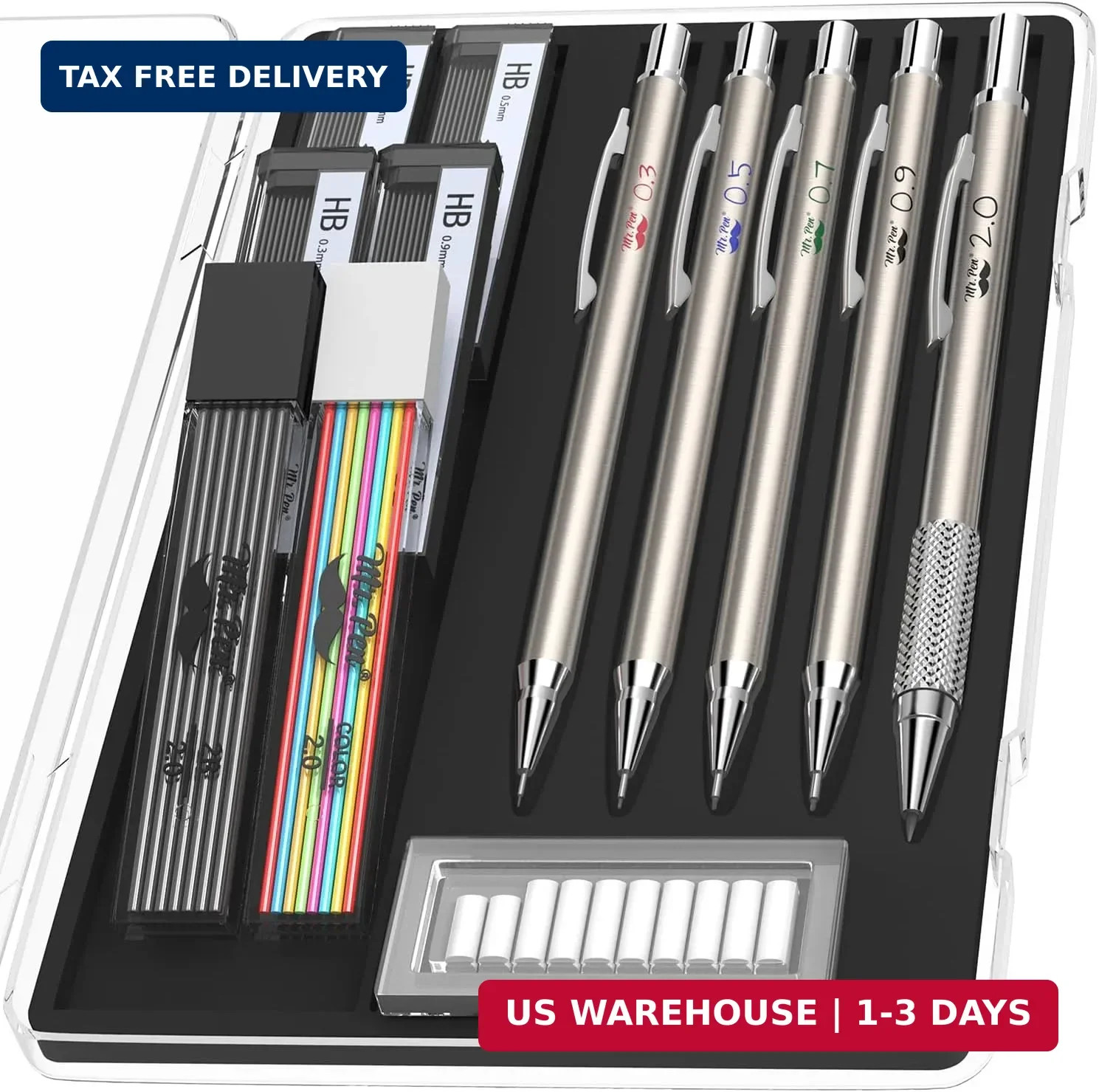 – Metal Mechanical Pencil Set with Lead and Eraser Refills, 5 Sizes