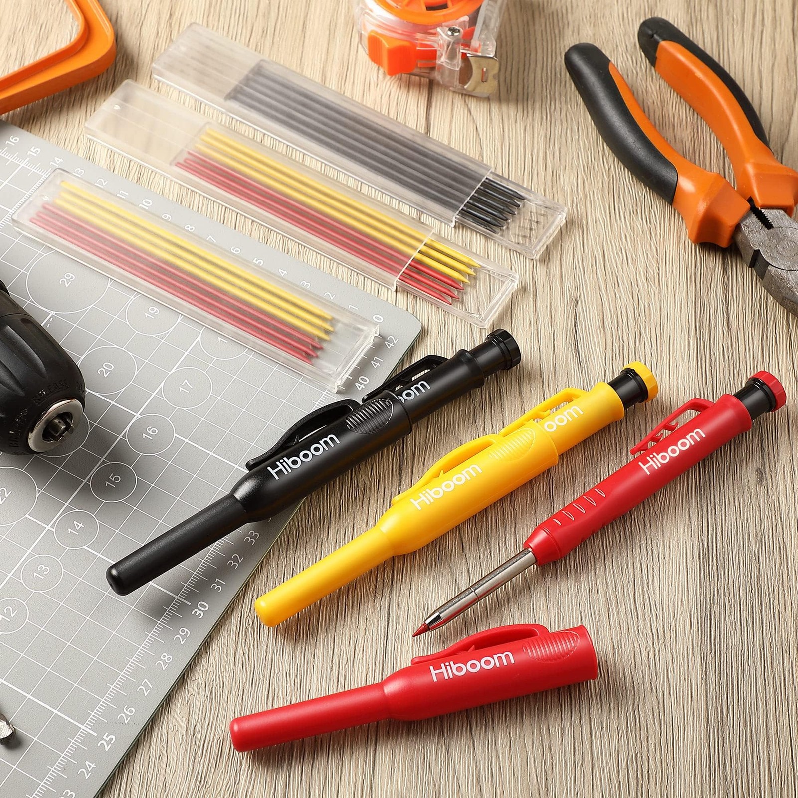 Hiboom 3 Pack Solid Carpenter Pencils with 21 Piece Set, Gray,Red,Yellow