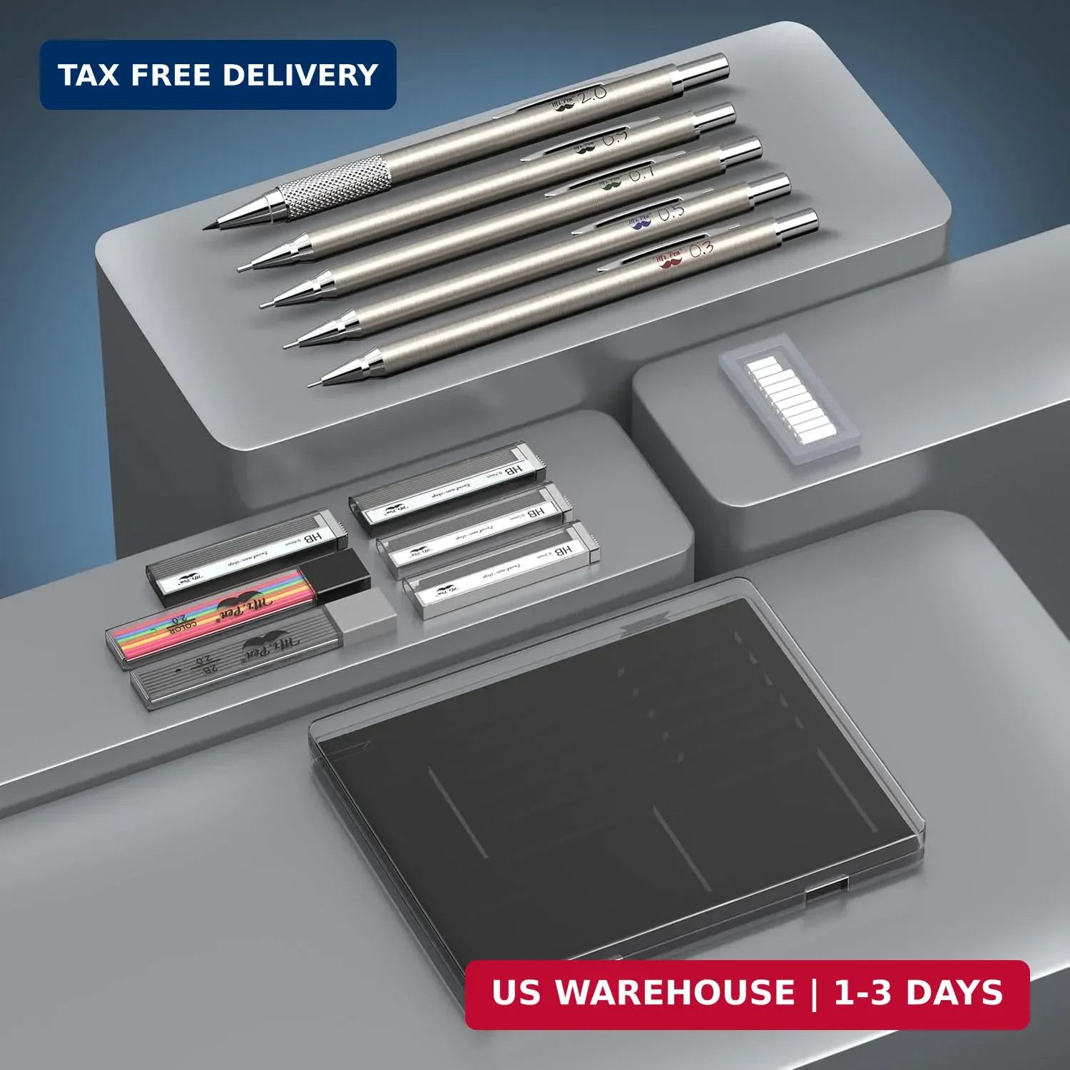 – Metal Mechanical Pencil Set with Lead and Eraser Refills, 5 Sizes