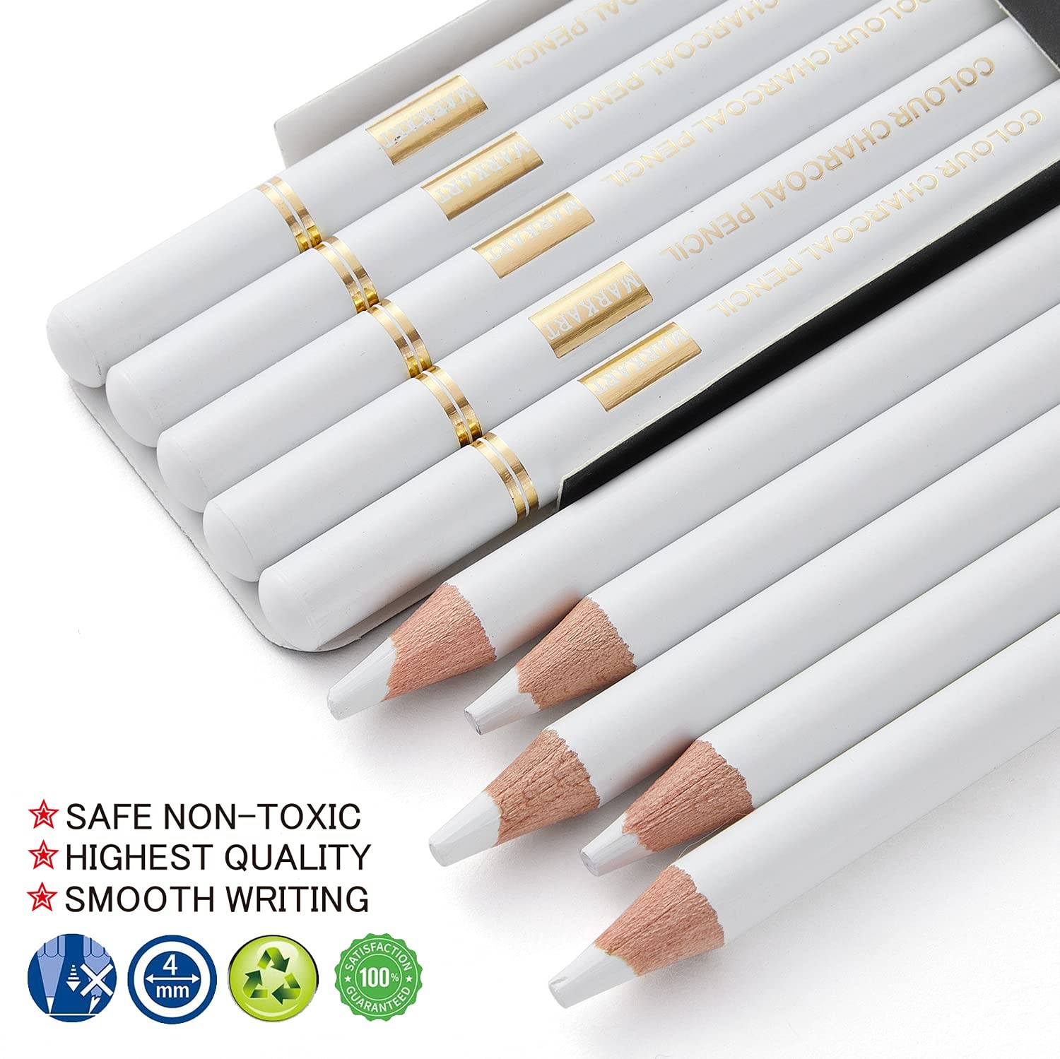 MARKART Professional White Charcoal Pencils Set, 5 5 Count (Pack of 1),