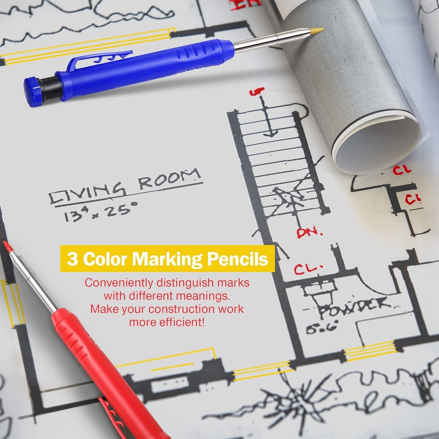 3 Pack Solid Carpenter Pencil with 21 Refill, Long Nosed Deep Hole Mechanical…