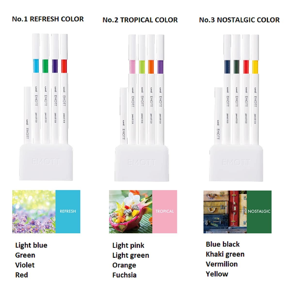 Uni EMOTT Mechanical Pencil Assorted 12 Colors Set (Refresh, Tropical, Nostal…