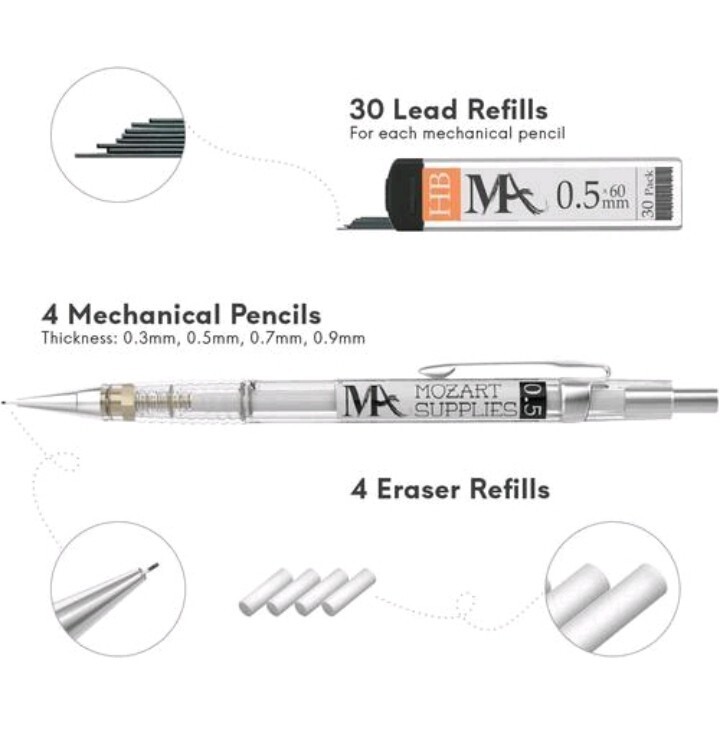 MozArt Supplies® Mechanical Pencil Set – 4 Sizes: 0.3, 0.5, 0.7 & 0.9mm + Refill