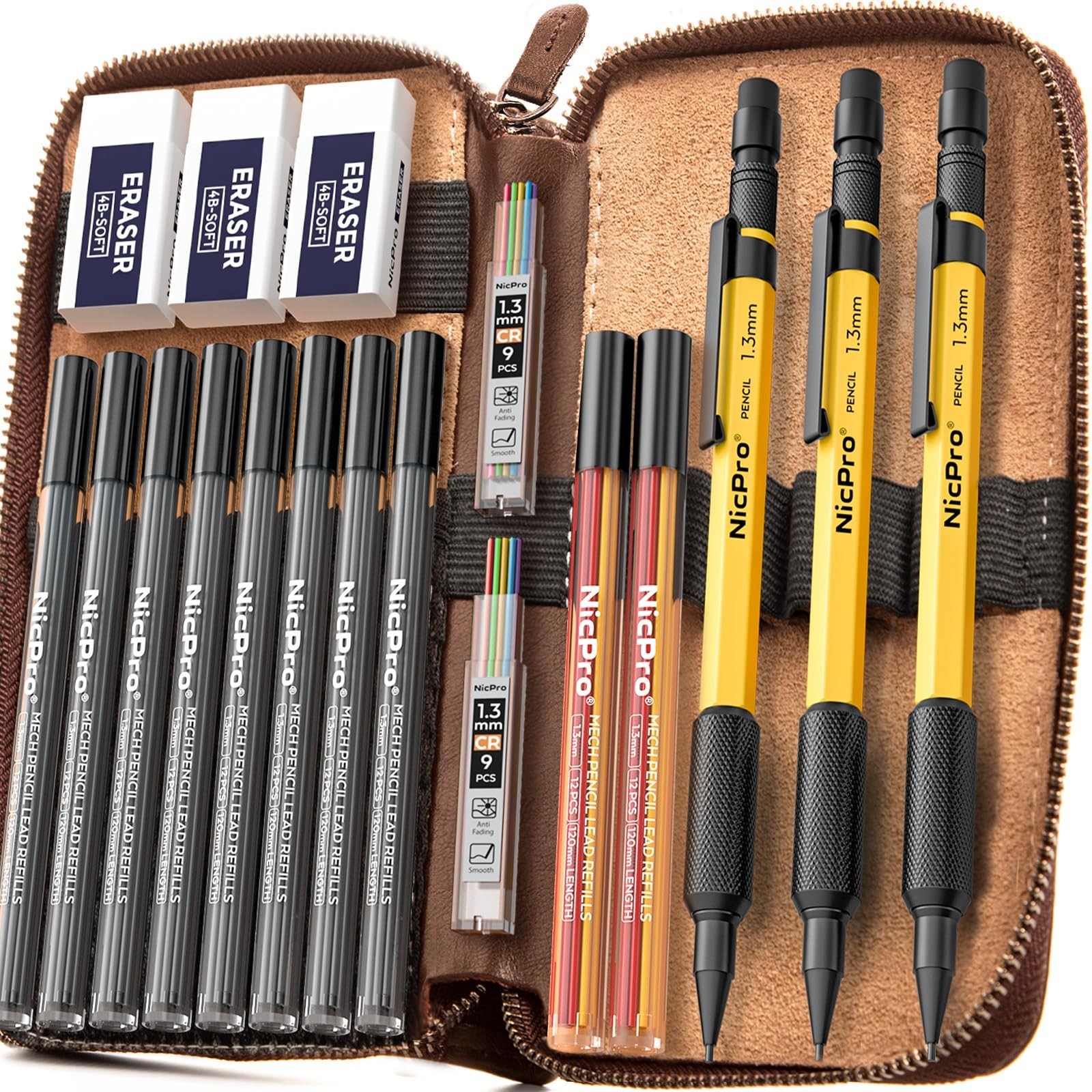 21PCS Mechanical Pencil Set with Leather Case, 138 Leads, 3 Erasers, Heavy Duty