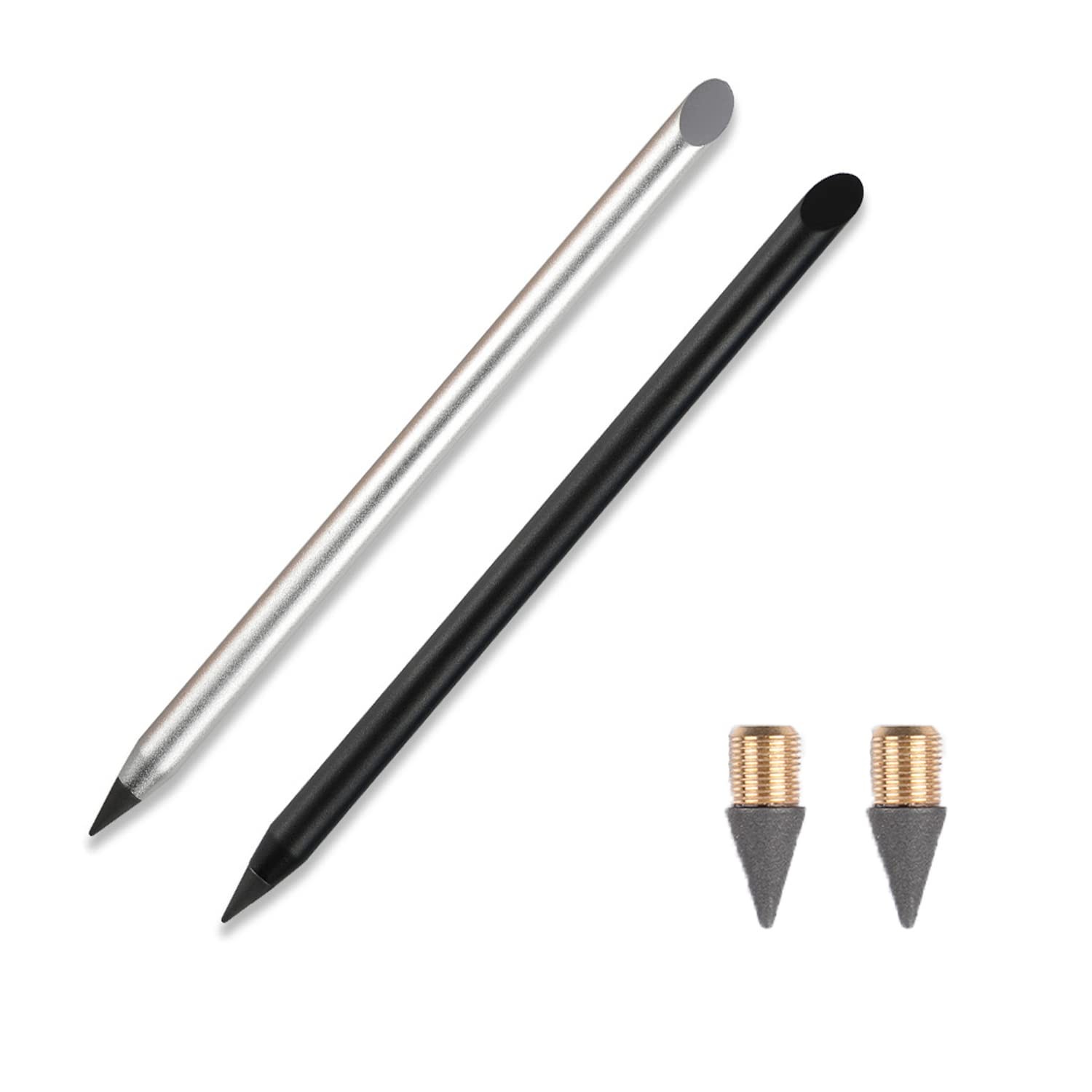 2pcs Metal Inkless Pencil with BONUS 2 1 Count (Pack of 2), Black, Silver
