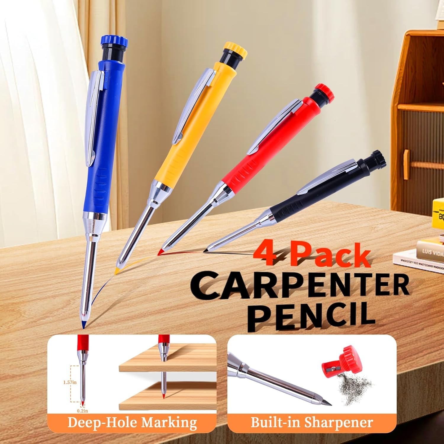 Lapices Carpintero 4 Pzs con Sacapuntas 28 Recambios Set Construccion Madera