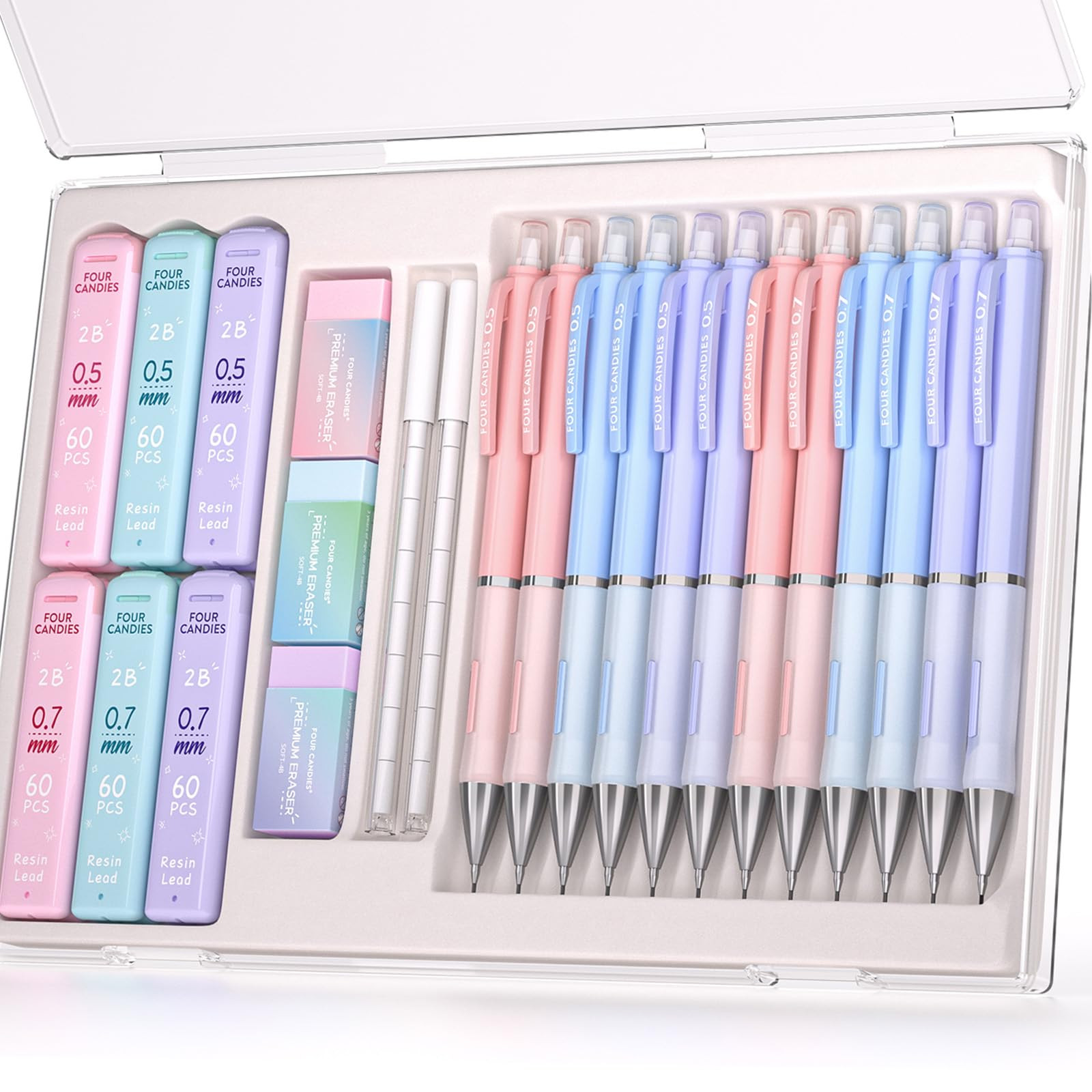 Pastel Mechanical Pencil Set, with 0.5 & 0.7mm Lead Refills (HB & 2B), Cute E…