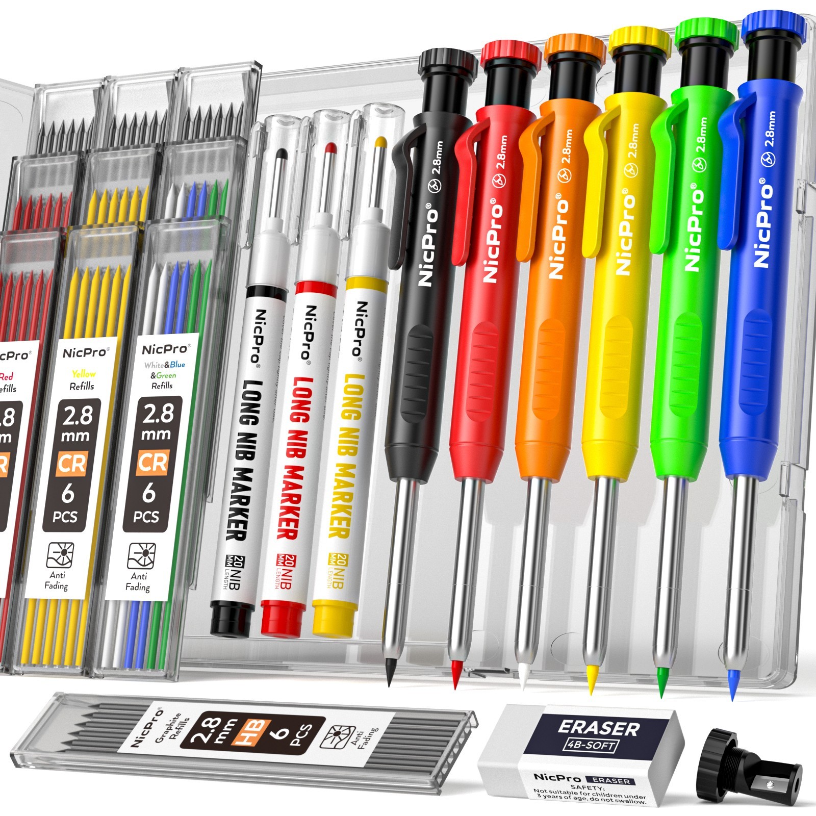 Nicpro 6 Pack CP1000 Carpenter Pencils with Sharpener, Mechanical Pencil Set