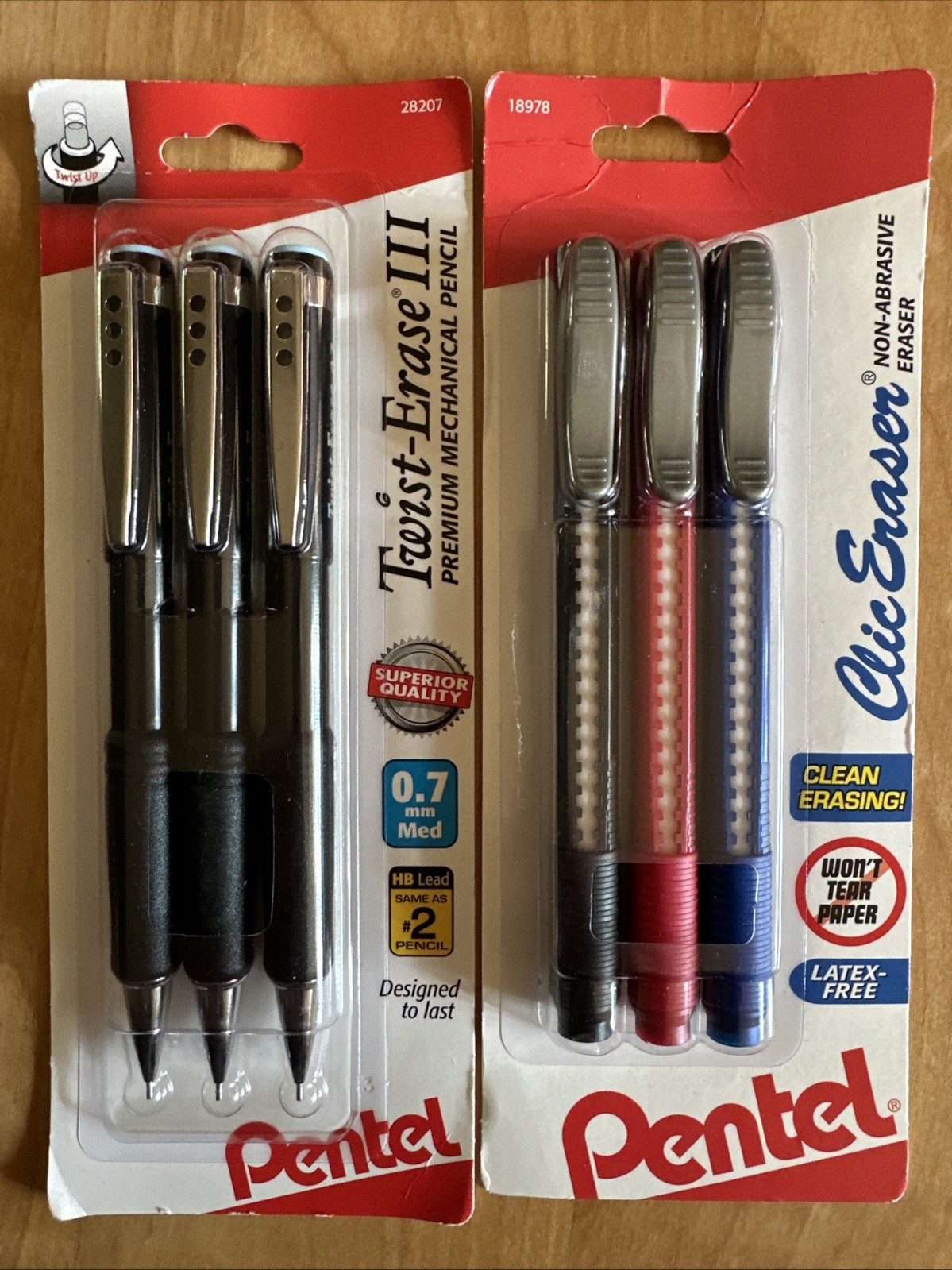 Pentel Twist-Erase III Mechanical Pencil 0.7mm Black Set of 3 w Clic Erasers LOT