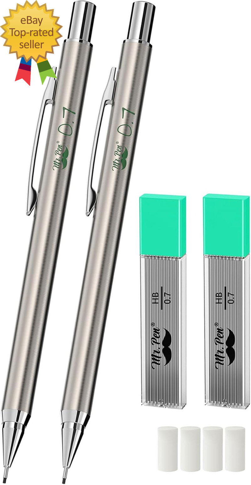 – Metal Mechanical Pencil Set with Lead Refills & Erasers, 2 Pack, 0.7Mm, 4X Tub