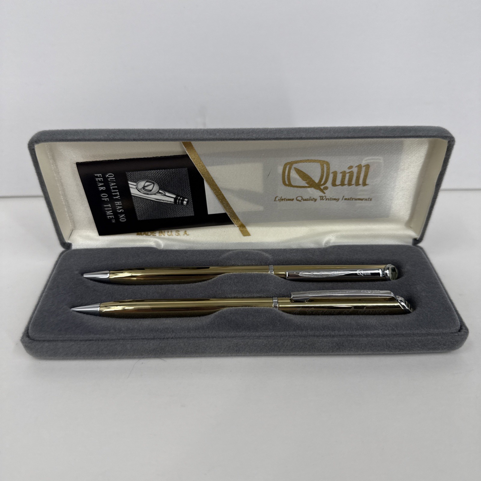 QUILL Brand Gold Tone Pen & Mechanical Pencil Set W/ Case & Slip