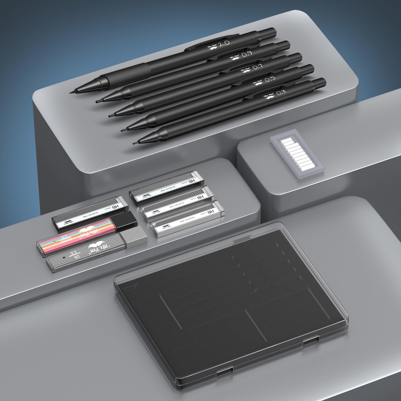 Metal Mechanical Pencil Set with Lead Refills & Erasers, 5 Pack