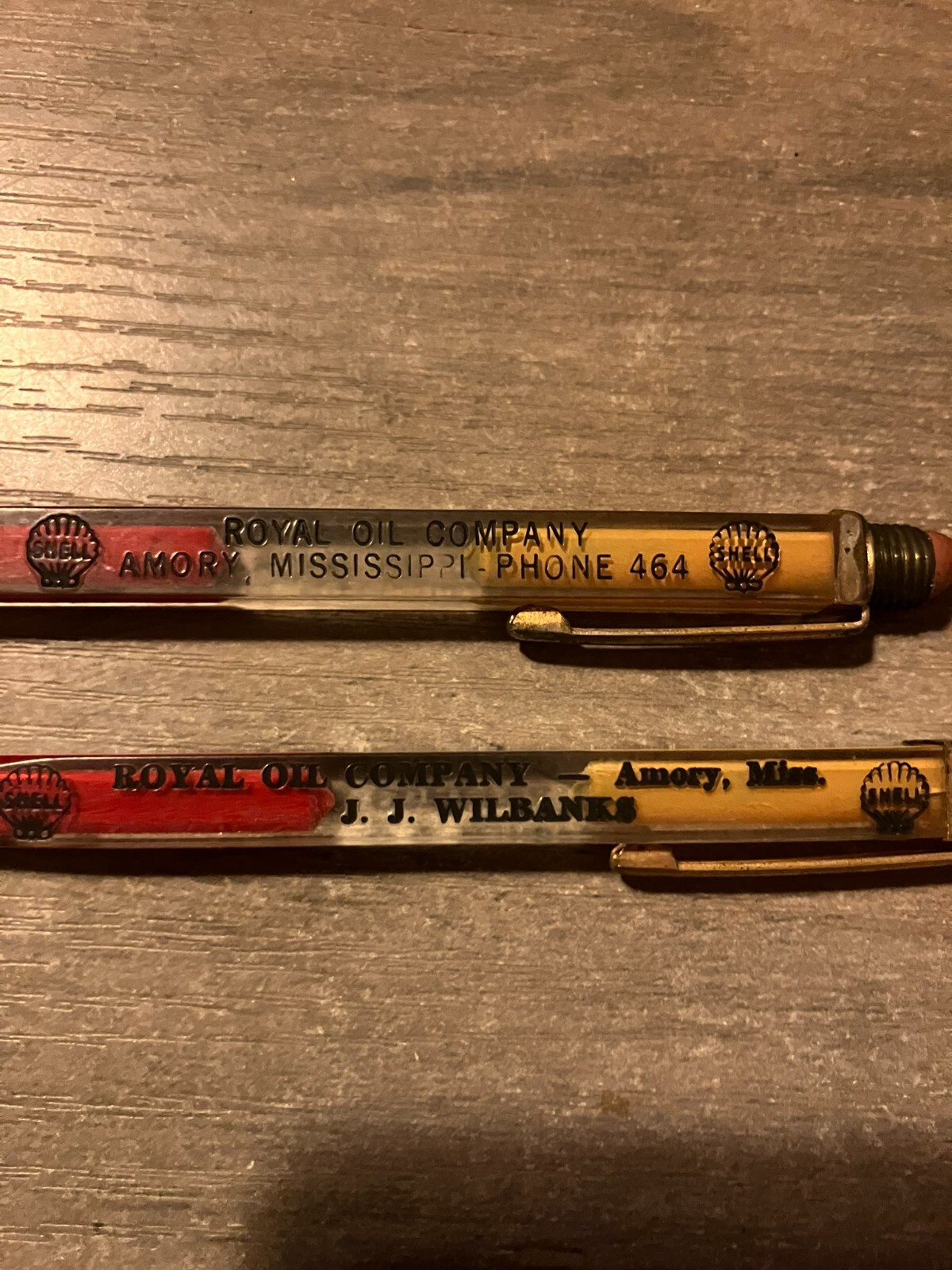 2 VTG ADVERTISING MECHANICAL PENCIL Square Shell Oil Amory Mississippi