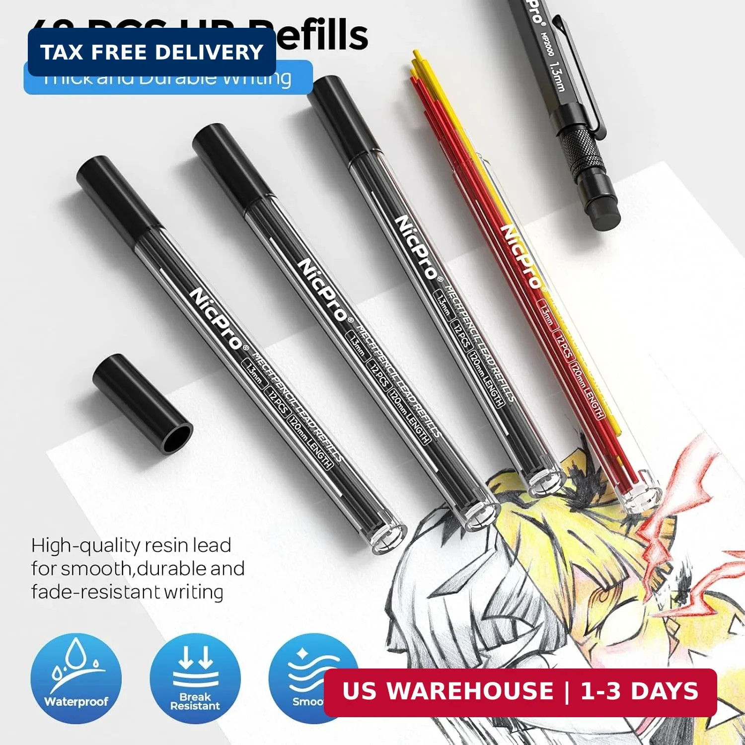 Nicpro 3 PCS 1.3 mm Blacke Mechanical Pencils Set with 48 Lead Refill, 3 Eraser