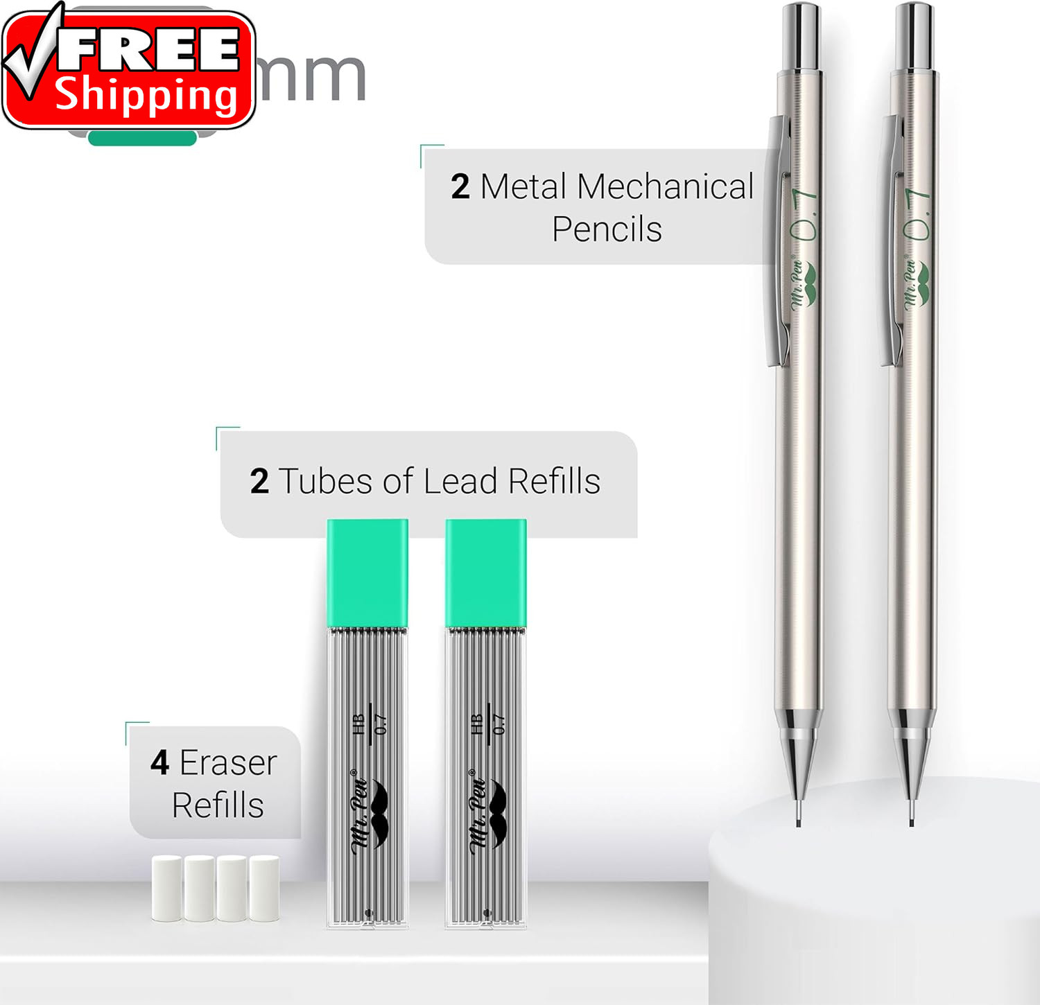 Metal Mechanical Pencil Set with Lead Refills & Erasers, 2 Pack, 0.7Mm, 4X Tubes