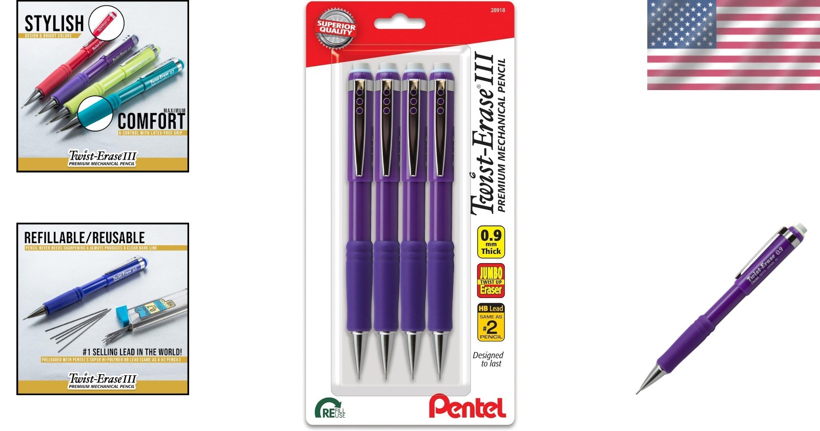 Twist-Erase III 0.9mm Mechanical Pencil, Violet Barrel, Pack of 4 – Bold Writing