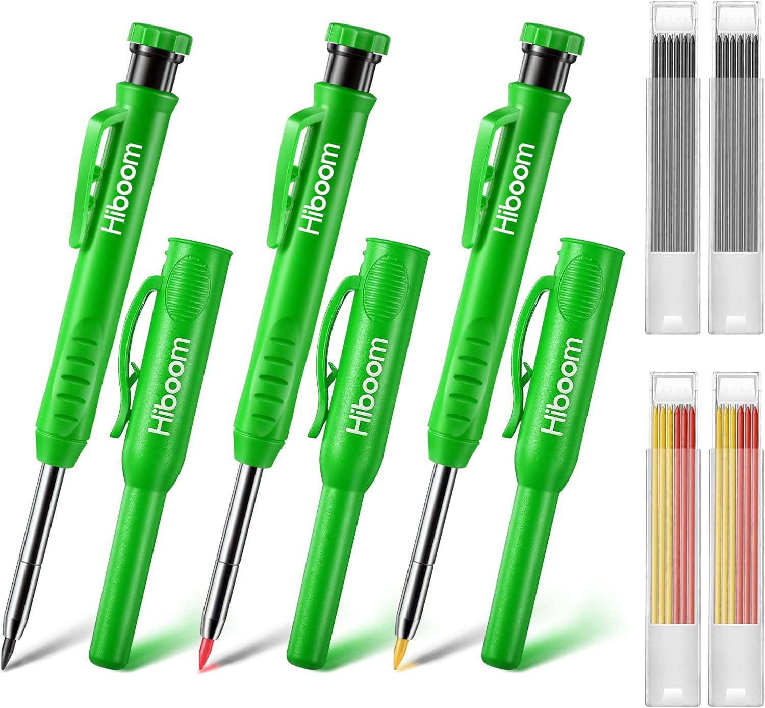 Hiboom 3 Pack Carpenter Pencil with 24 Refills (Red, Black, Yellow), Green