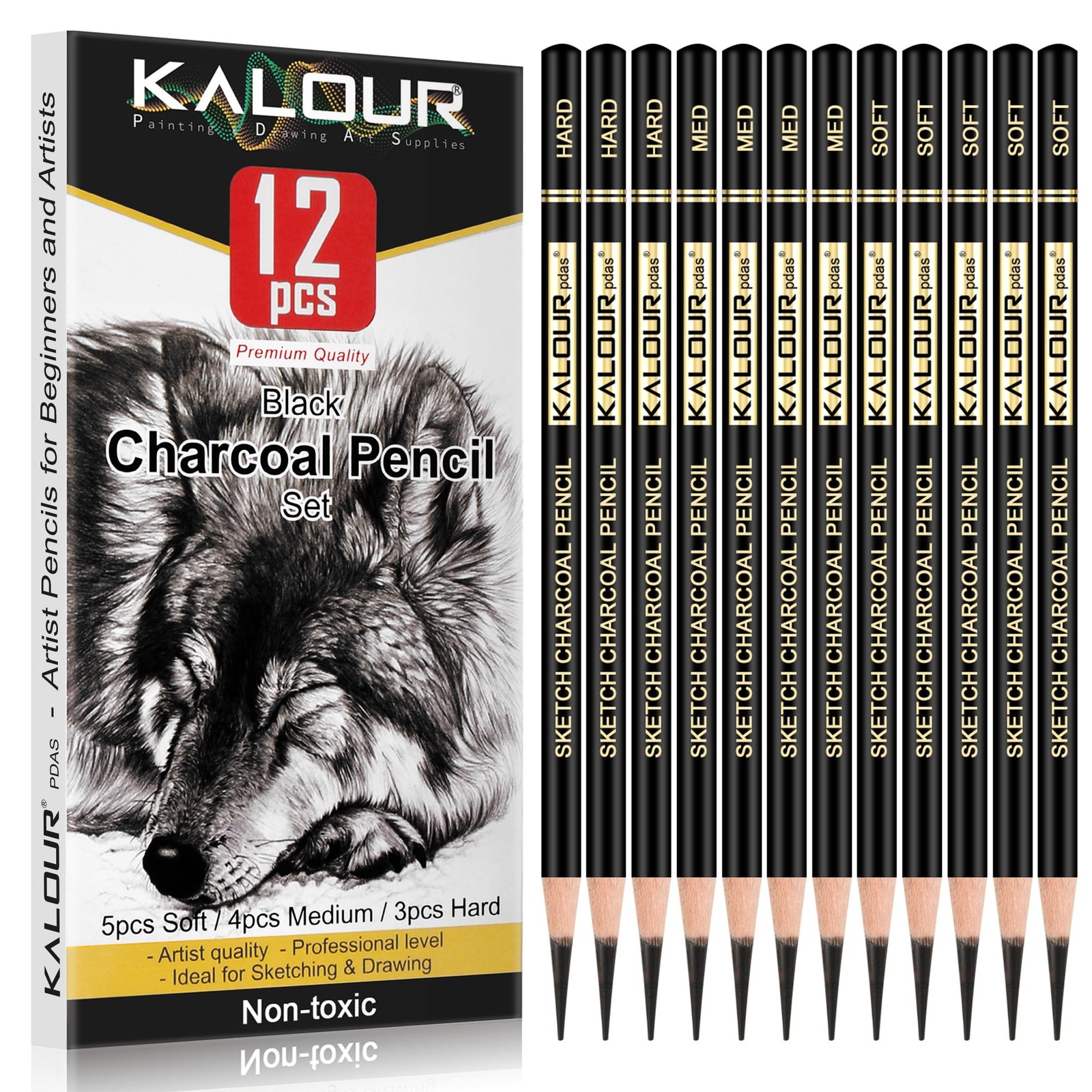 KALOUR Professional Charcoal Pencils Drawing Set 1 Count (Pack of 12), Black