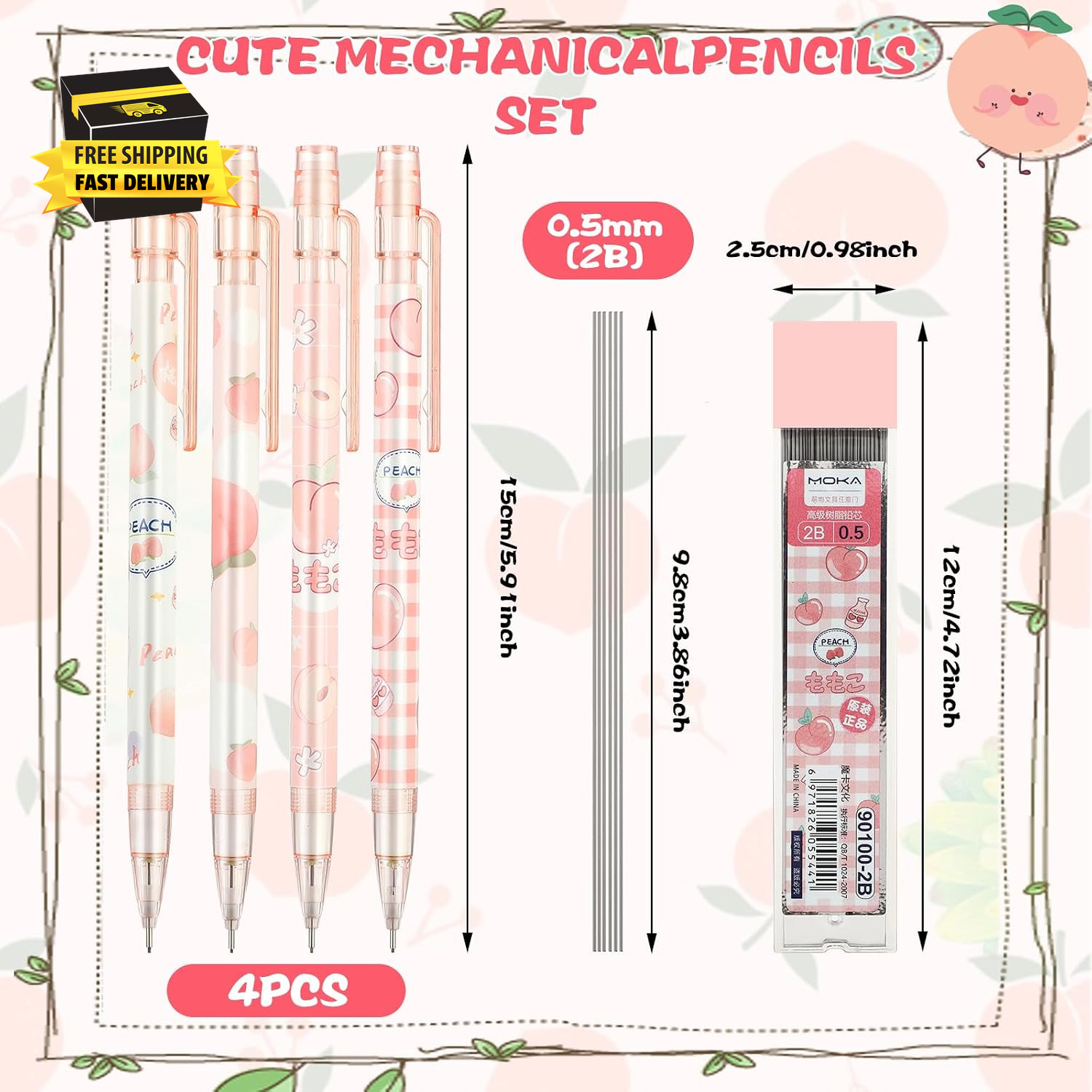 Cute Mechanical Pencil Set, 4 Pcs 0.5Mm Kawaii Mechanical Pencils with 1 Tubes H