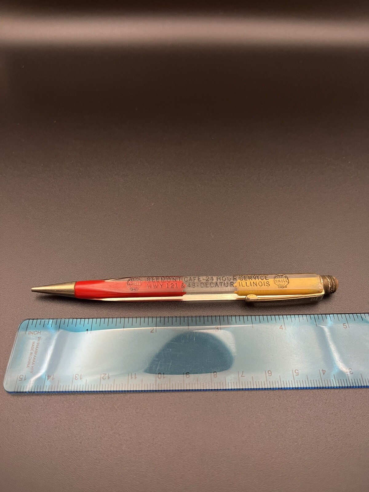 Vintage HA-WI-AN lucite mechanical pencil. Shell Oil Belmont Cafe Decatur IL