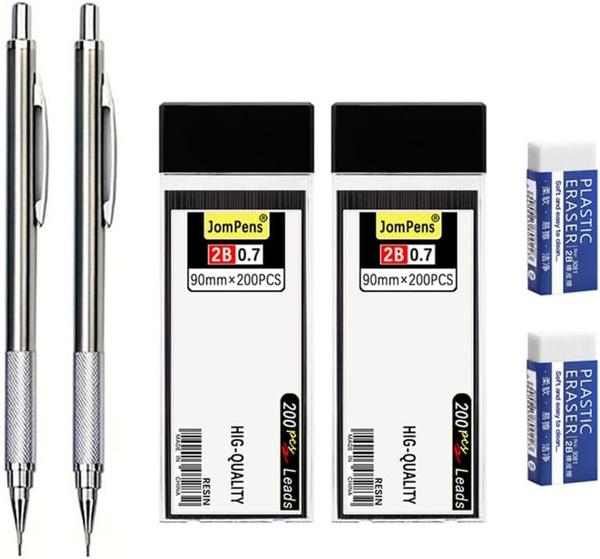Silver Metal Mechanical Pencil Set, 2 Pencils + 2 Lead Refills + 2 Erasers, Mult