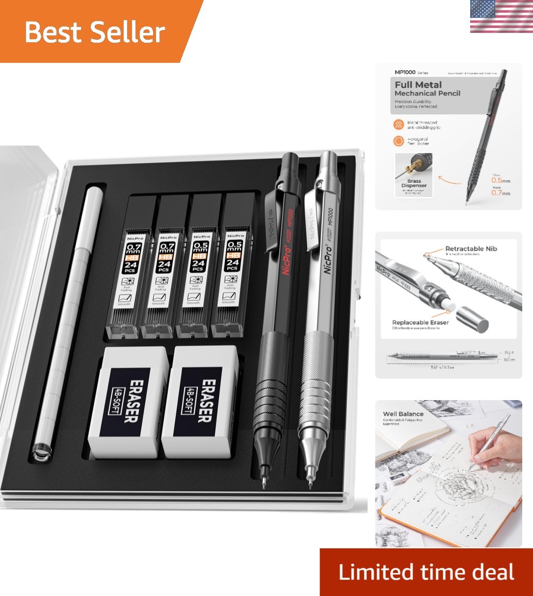 2 PCS Ergonomic Metal Mechanical Pencils 0.5mm & 0.7mm – Perfect for Artists
