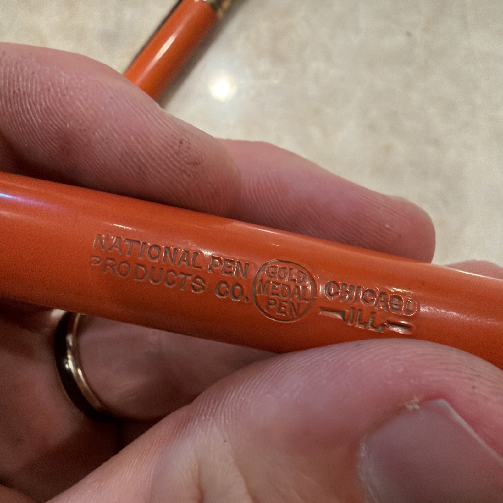 Gold Medal Vintage Red Orange Hard Rubber Pencil And Oversized Fountain Pen Set