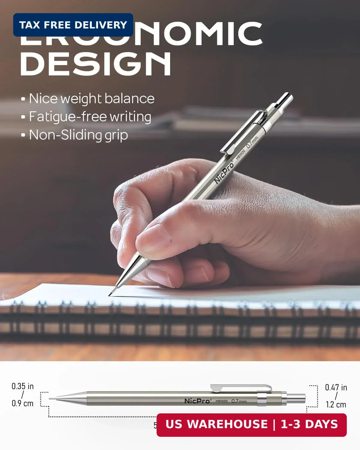 Nicpro 4 Pack Mechanical Pencil 0.7mm with Case, MB1000 Metal Mechanical Pencil