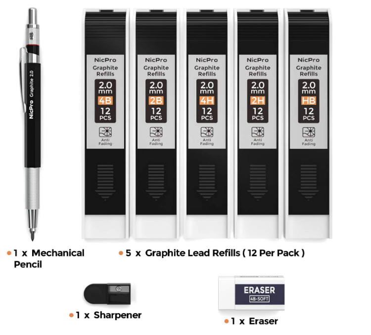 Nicpro 2.0 mm Mechanical Pencil Set Metal Lead Holder 5 Tube Graphite Refill HB