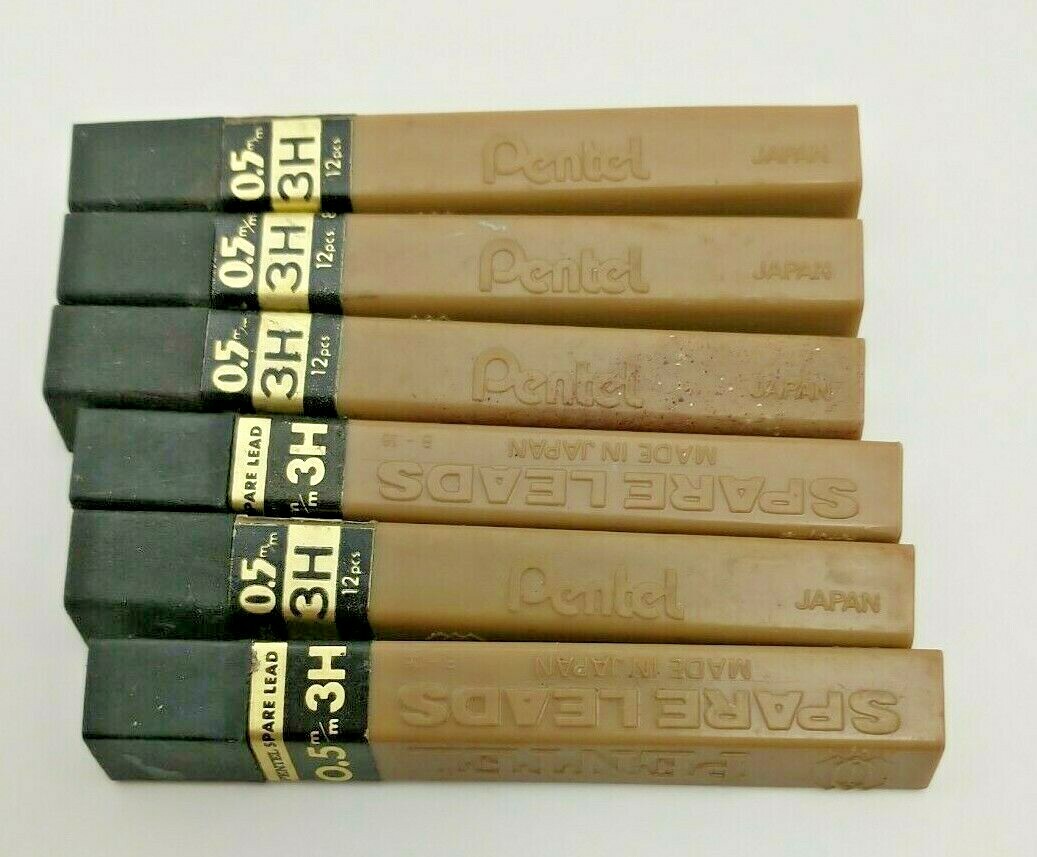 Pentel Hi Polymer Black Lead 0.5mm 3H (60mm) 6 Tubes of 12 Leads Vintage