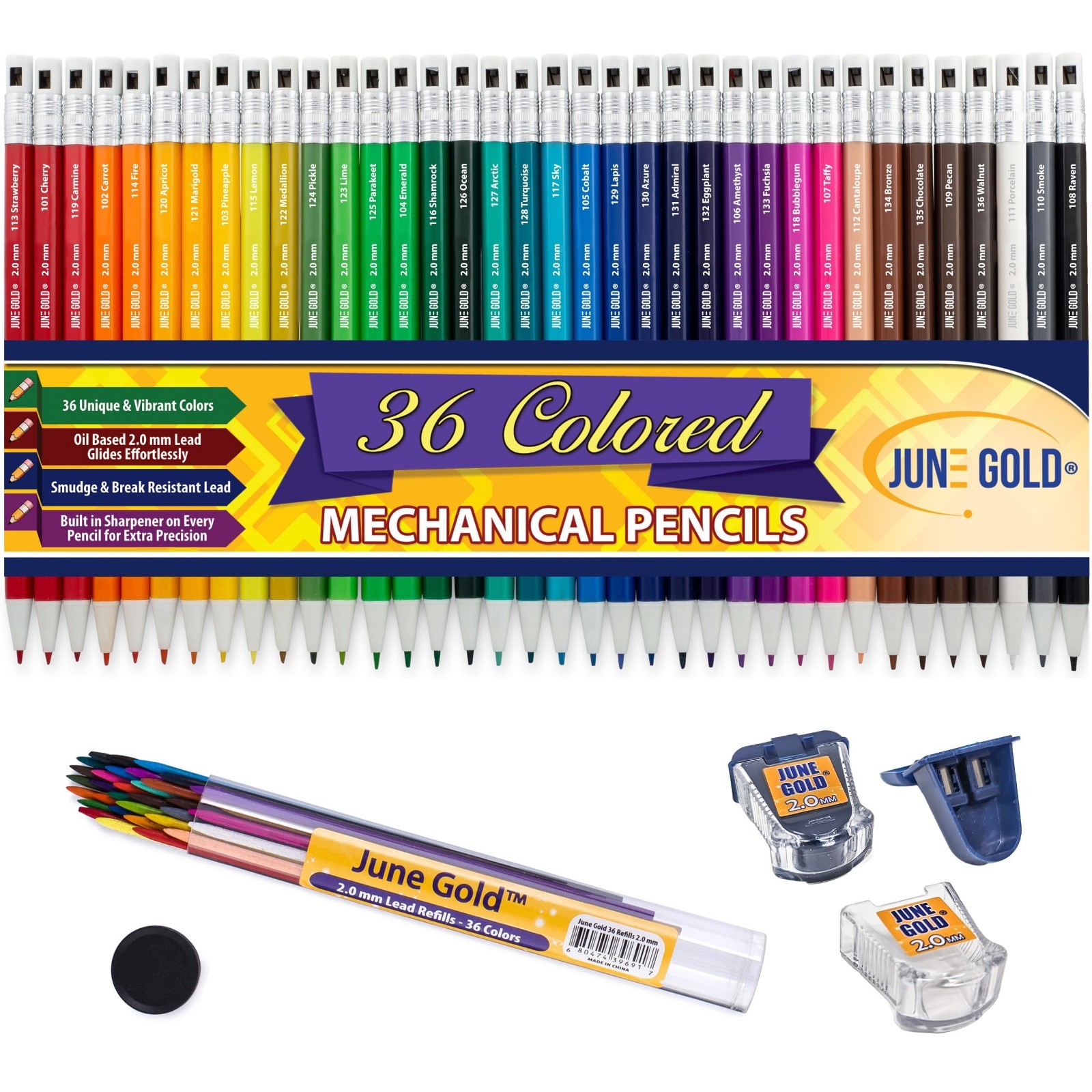 Assorted 36 Colored Mechanical Pencils 2.0mm with Refills & Sharpeners – Unique