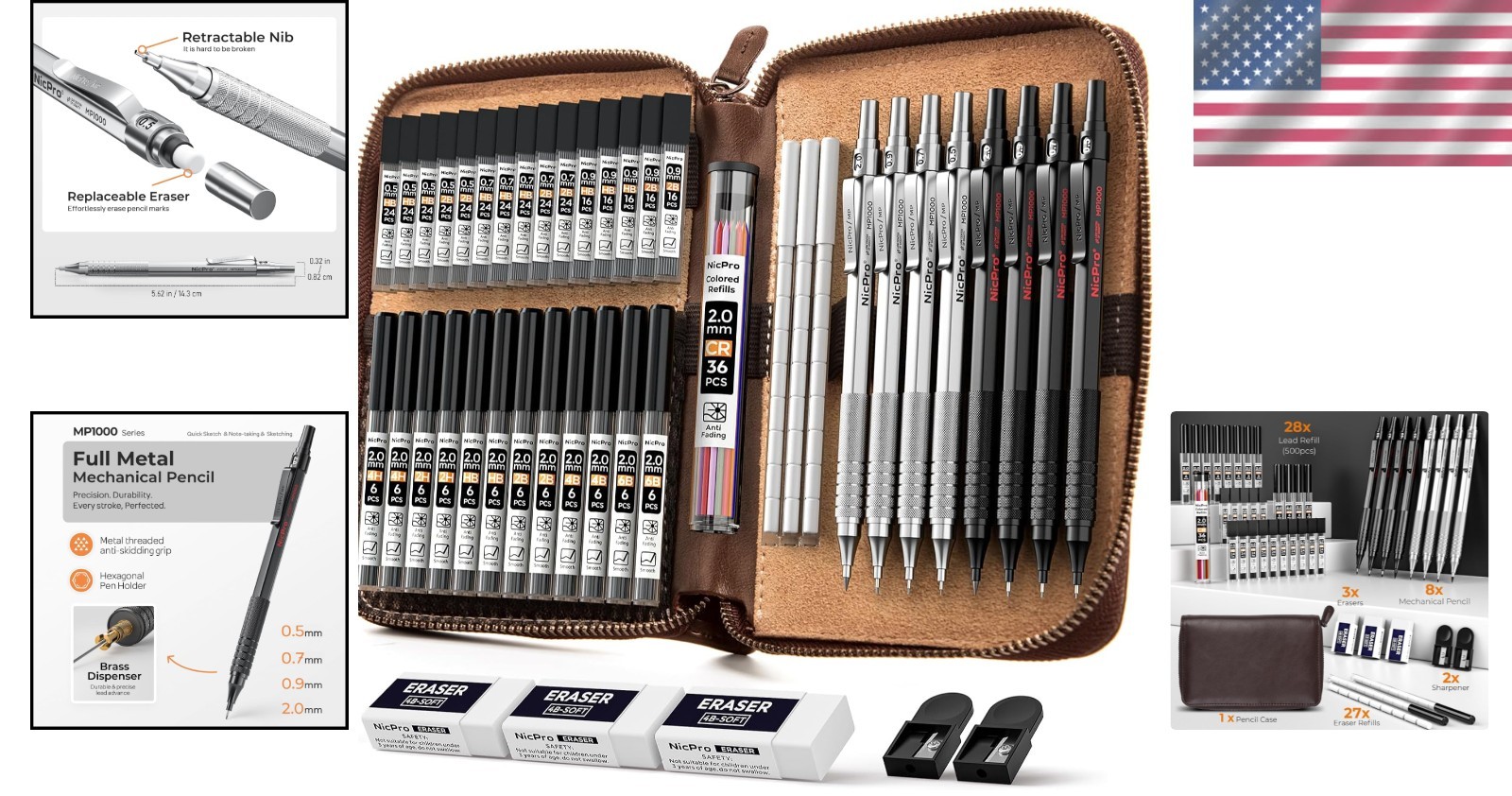 45PCS Black & Silver Mechanical Pencil Set in Leather Case